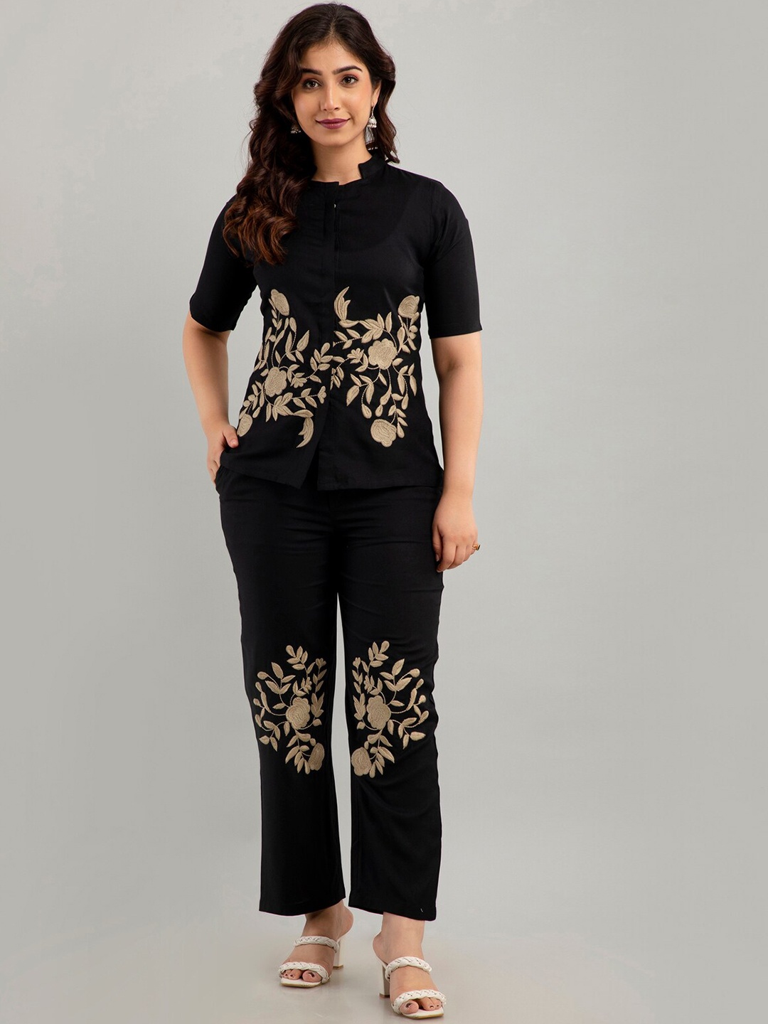 

CKM Floral Embroidered Top & Trouser Co-Ords, Black