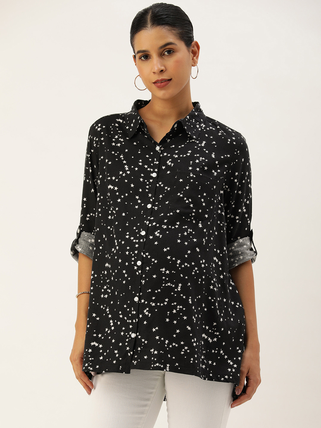 

Blush 9 Maternity Women Relaxed Opaque Printed Maternity Shirt, Black