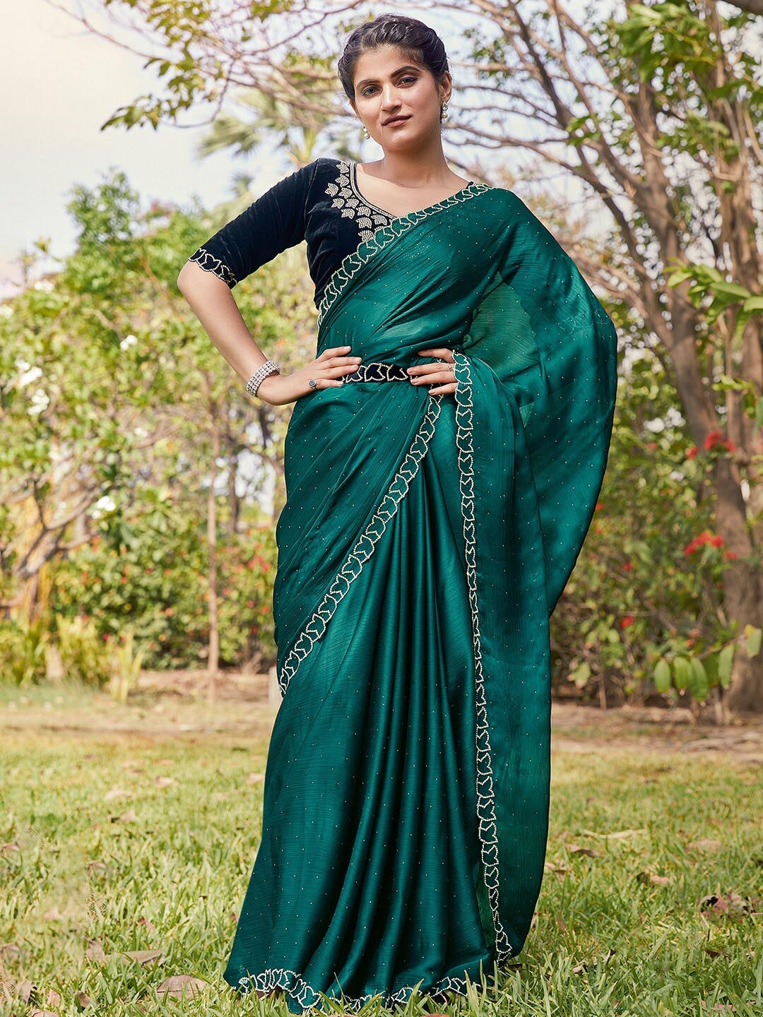 

Mitera Beads and Stones Embellished Pure Chiffon Saree, Teal