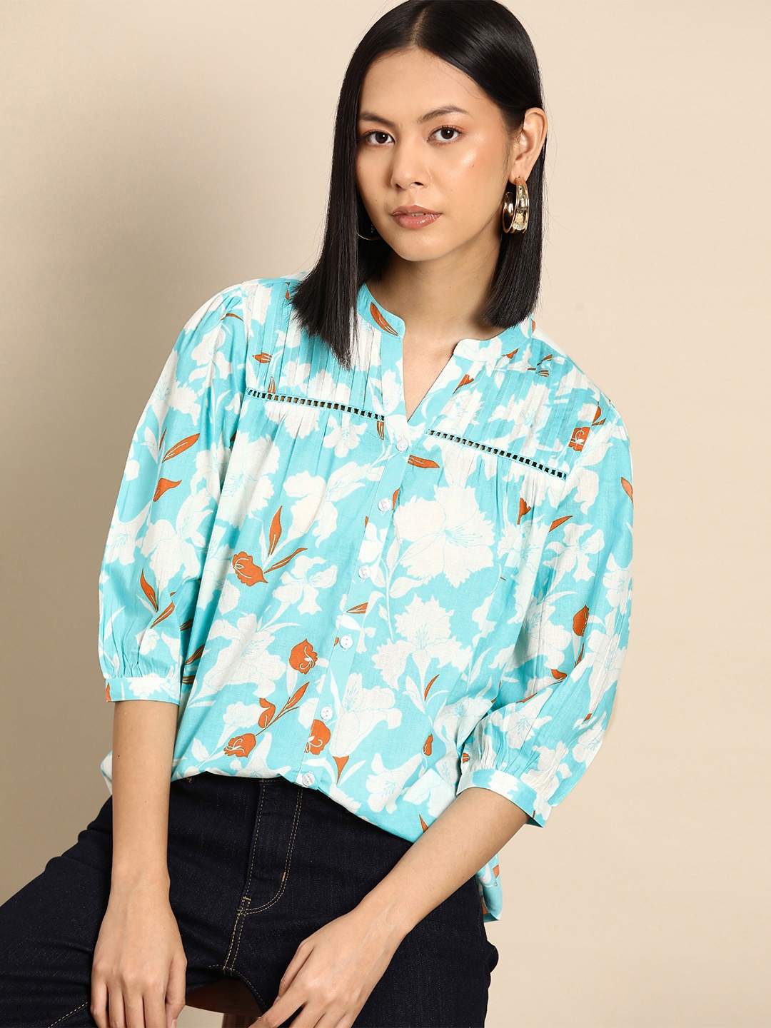 

all about you Floral Print Mandarin Collar Puff Sleeve Cotton Top, Turquoise blue
