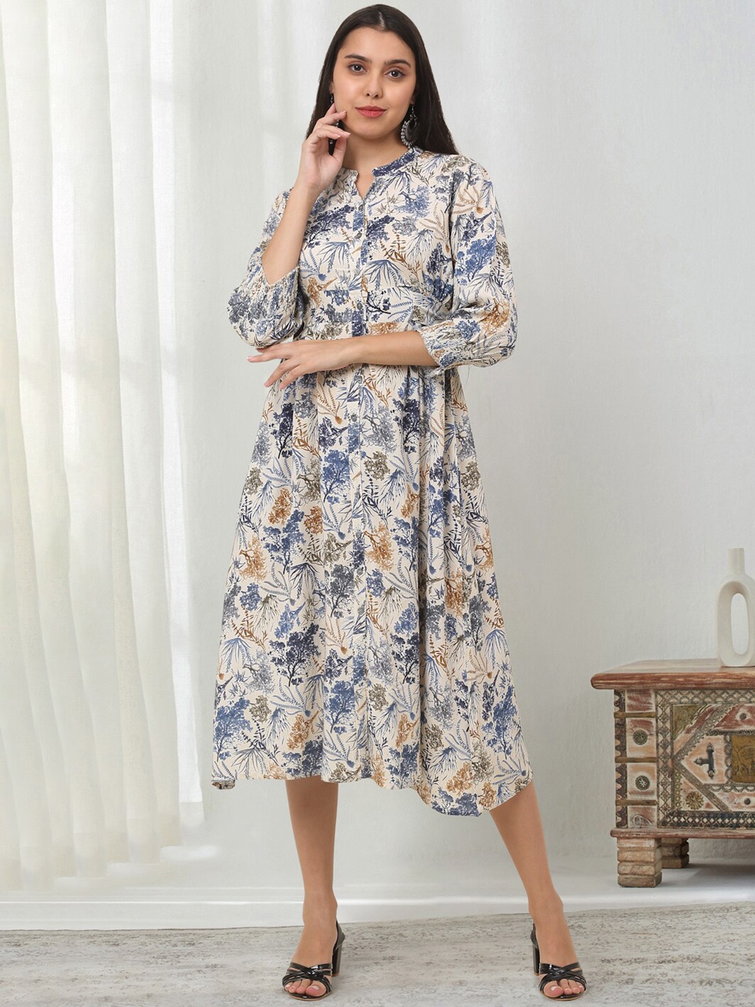 

KALINI Floral Printed Mandarin Collar Fit and Flare Midi Ethnic Dress, Blue