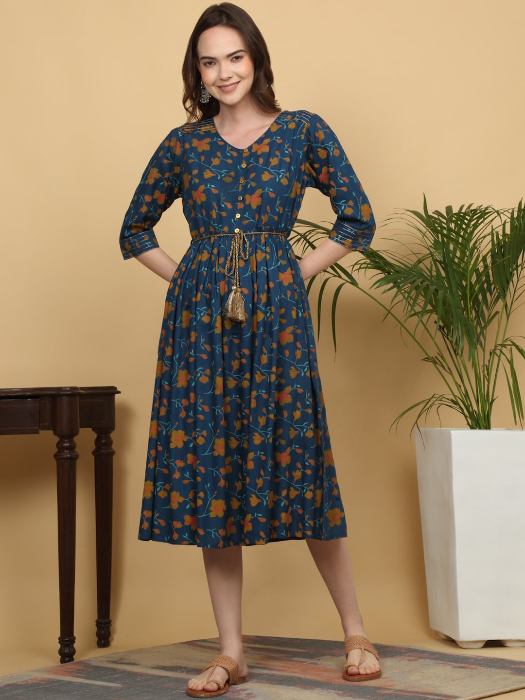 

KALINI Floral Printed Fit and Flare Midi Ethnic Dress, Navy blue
