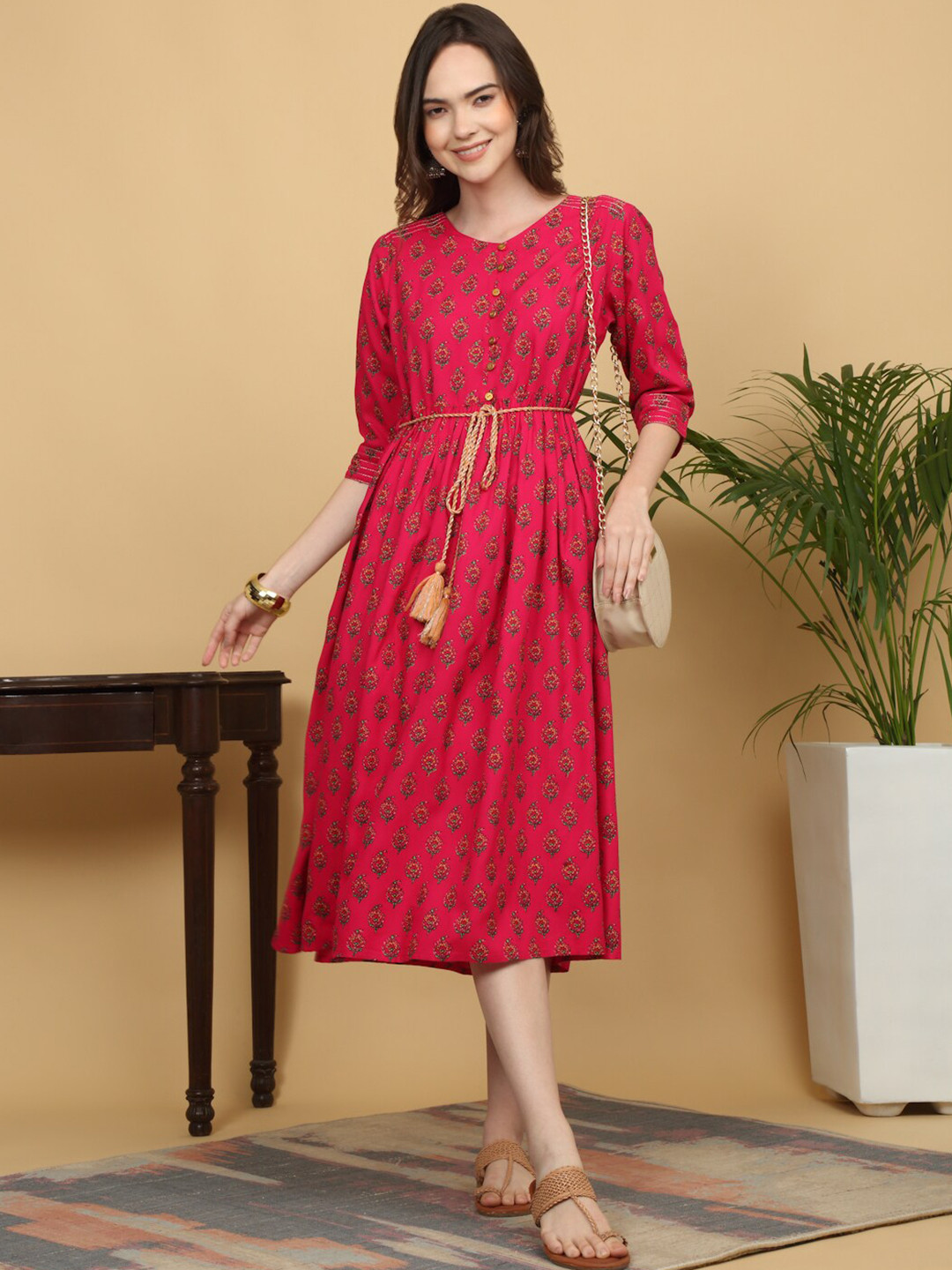

KALINI Ethnic Motifs Printed Fit and Flare Midi Ethnic Dress, Red