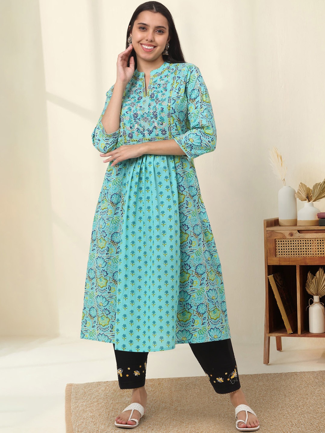 

KALINI Ethnic Motifs Printed Mandarin Collar Cotton Anarkali Kurta, Turquoise blue