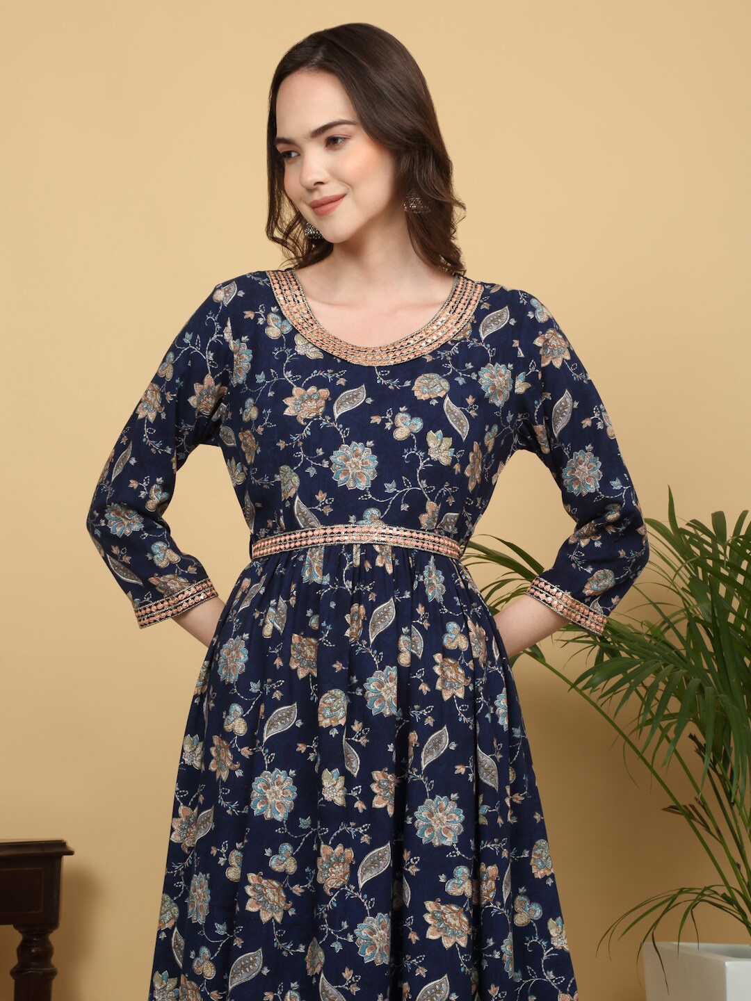 

KALINI Floral Printed Fit and Flare Midi Ethnic Dress, Blue