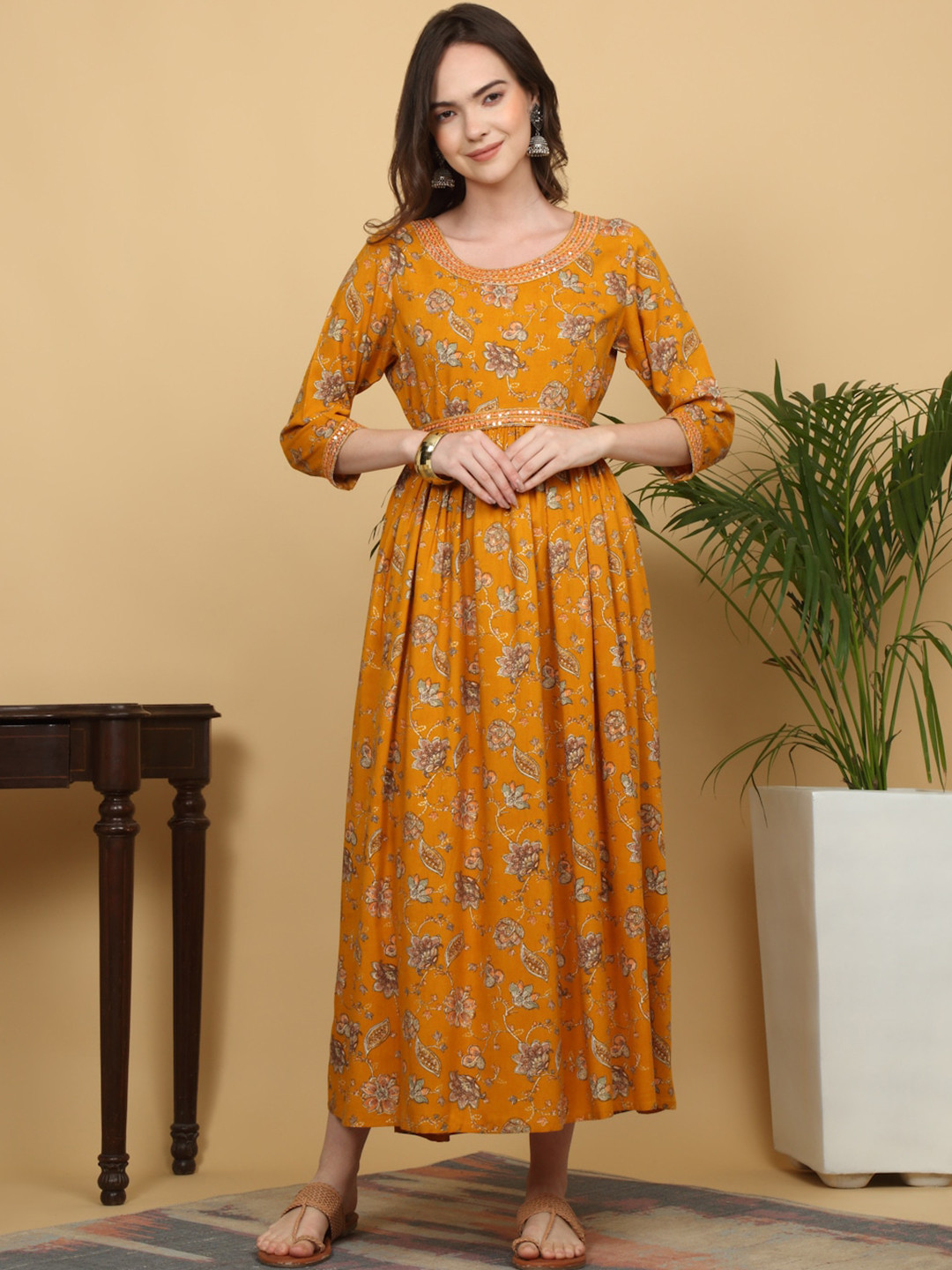 

KALINI Floral Printed Fit and Flare Maxi Ethnic Dress, Mustard
