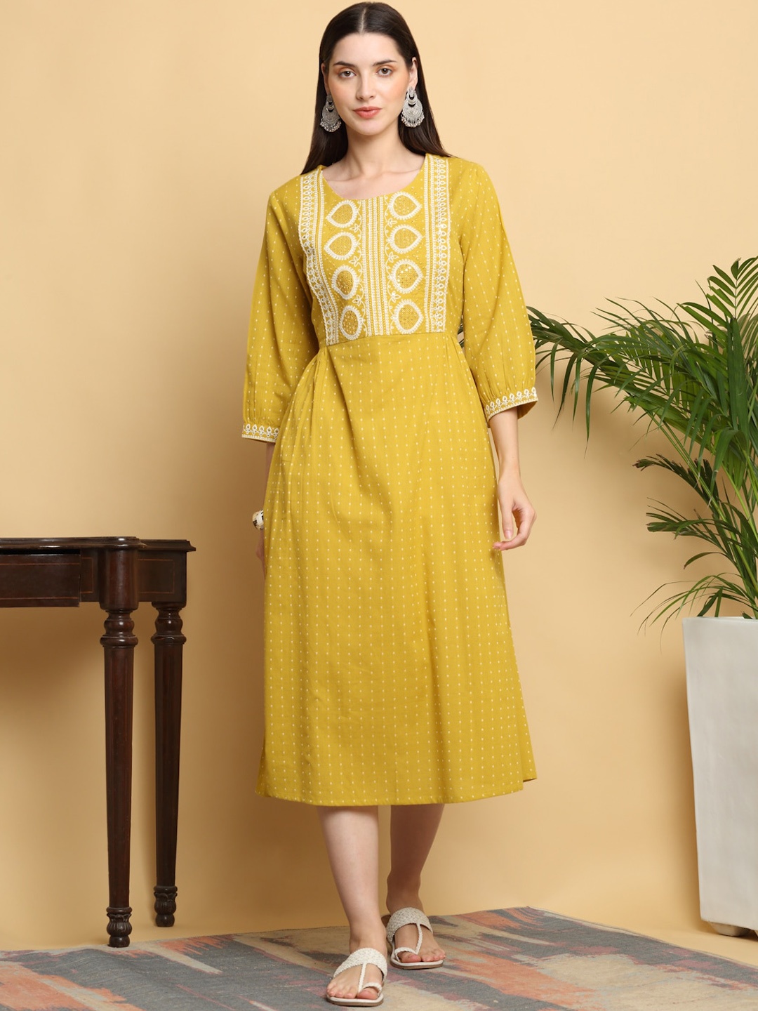 

KALINI Geometric Printed Sequined Cotton Fit and Flare Midi Ethnic Dress, Mustard
