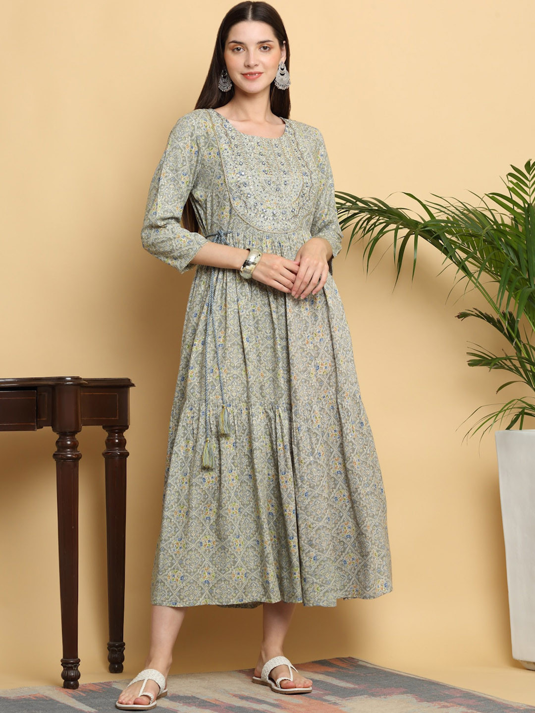 

KALINI Ethnic Motifs Printed Thread Work Fit and Flare Maxi Ethnic Dress, Green