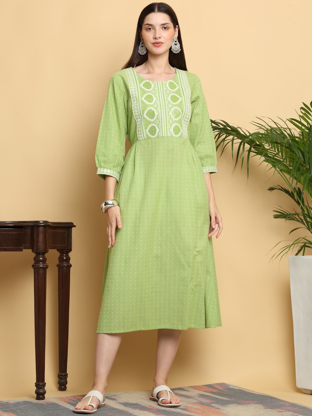 

KALINI Geometric Printed Gathered & Pleated Yoke Design Cotton Fit and Flare Ethnic Dress, Green