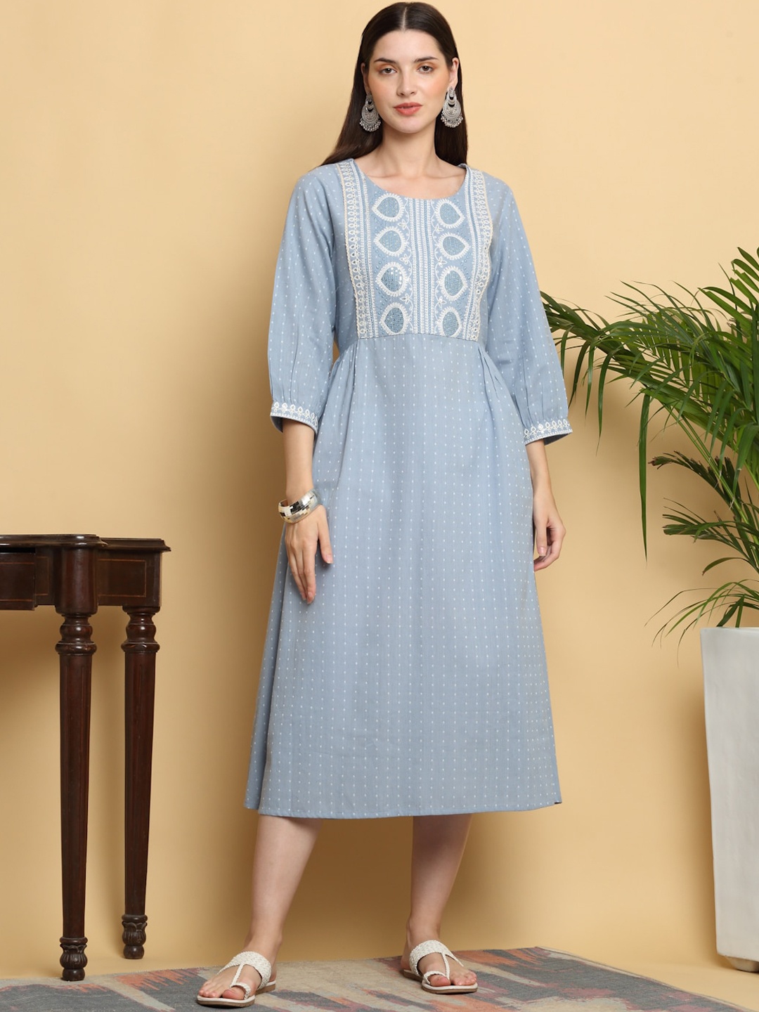 

KALINI Ethnic Motifs Embroidered A-Line Ethnic Dress, Grey