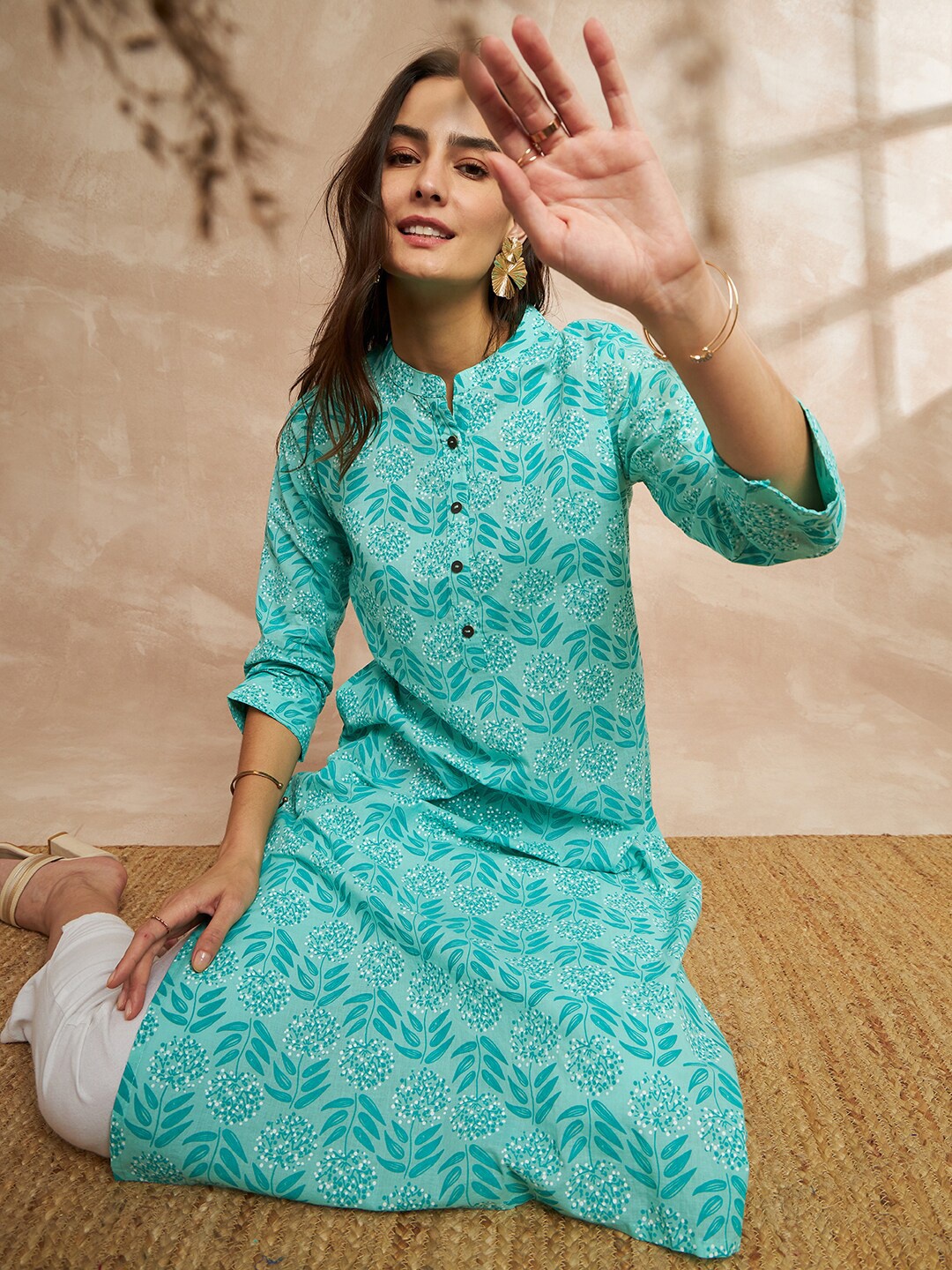

all about you Floral Printed Straight Pure Cotton Kurta, Sea green