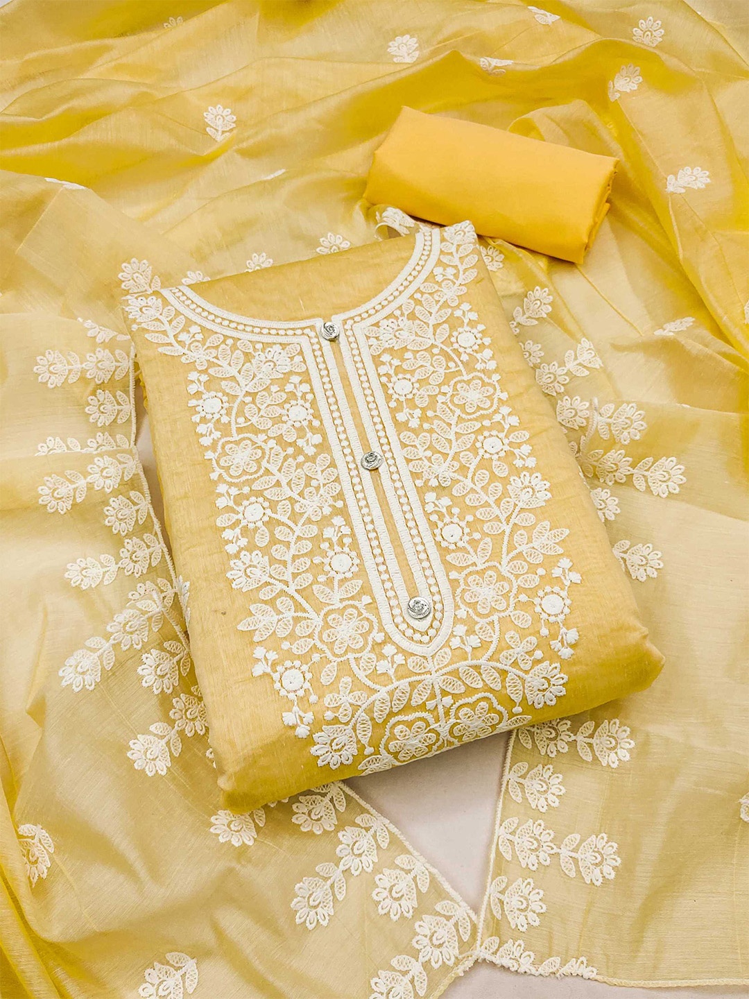 

KALINI Embroidered Unstitched Dress Material, Yellow