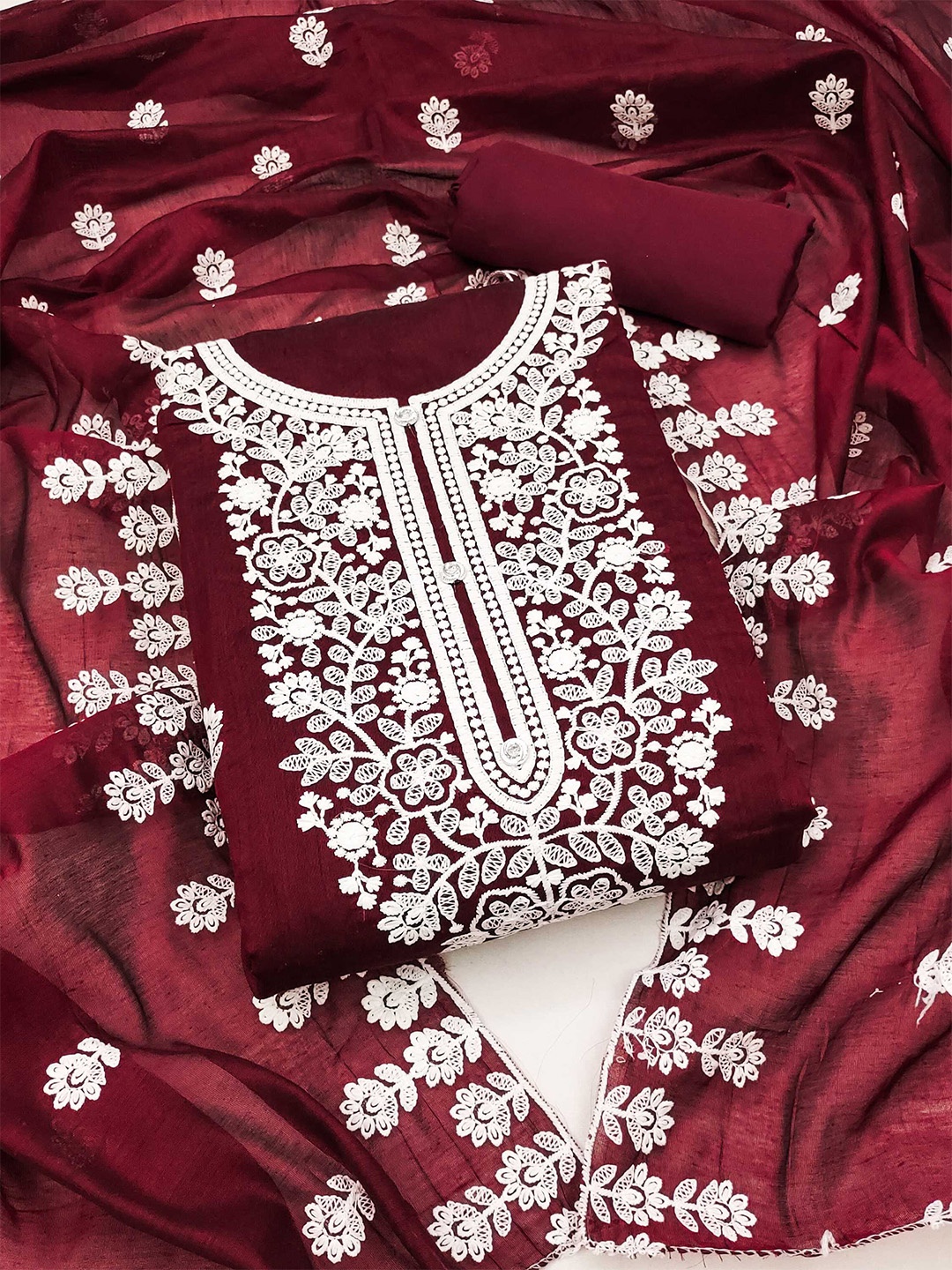 

KALINI Floral Embroidered Art Silk Unstitched Dress Material, Maroon
