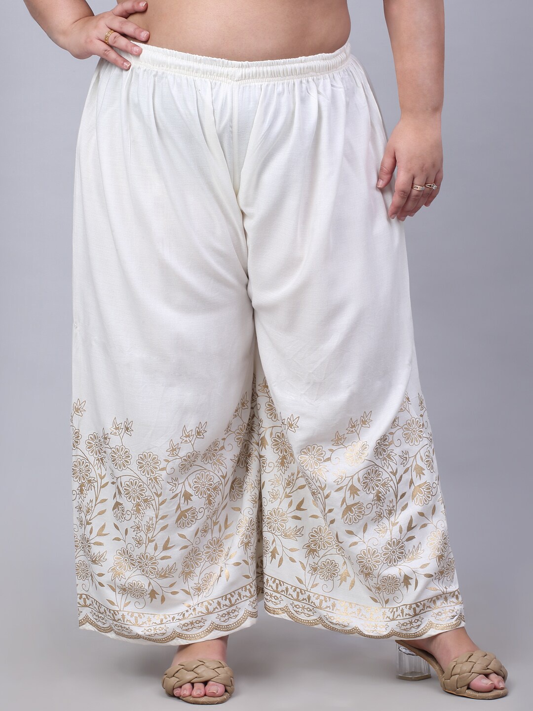 

Trend Level Plus Size Floral Printed Flared Palazzos, Off white