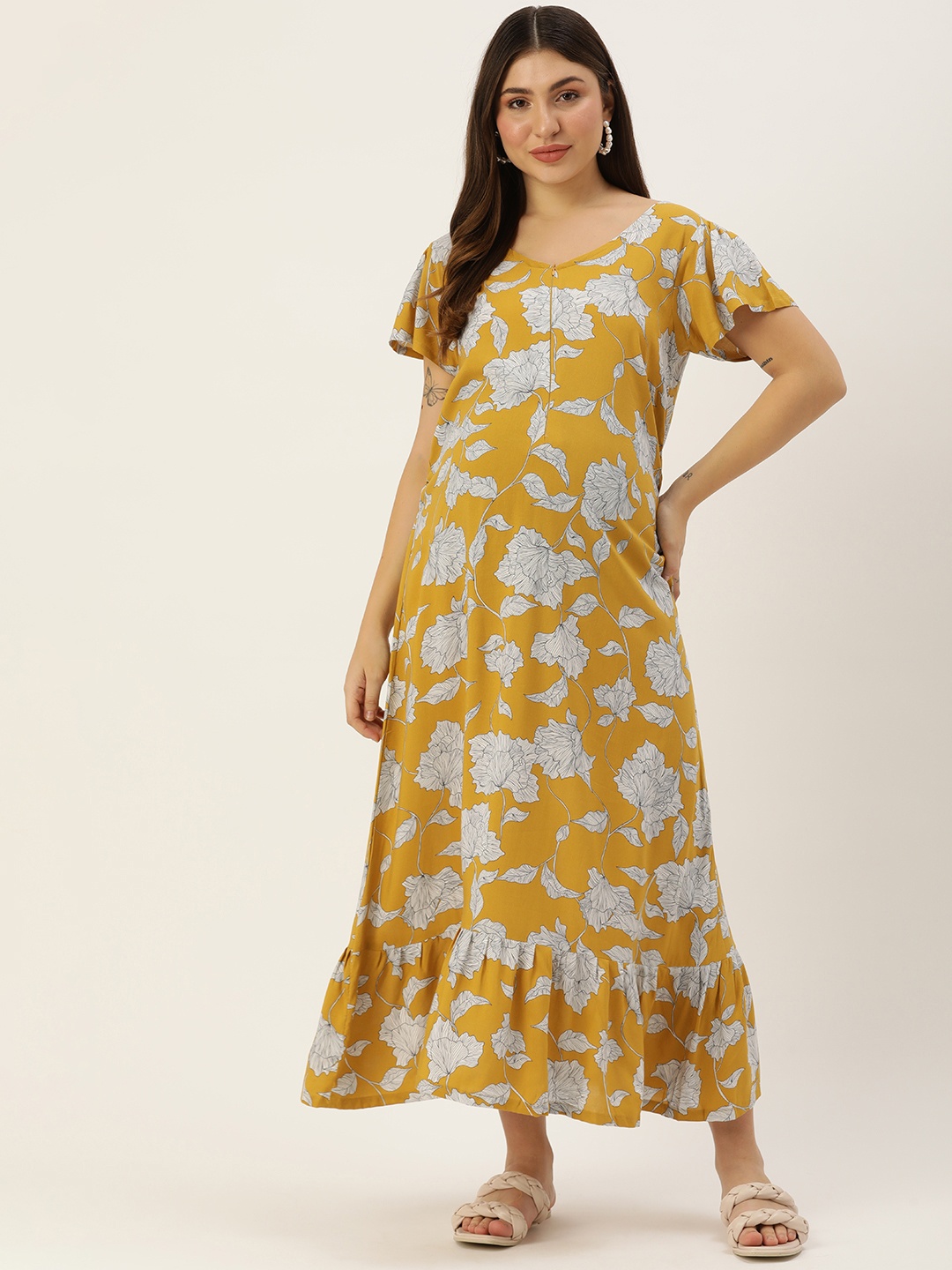 

Blush 9 Maternity Floral Print Flutter Sleeve Maternity A-Line Maxi Dress, Yellow