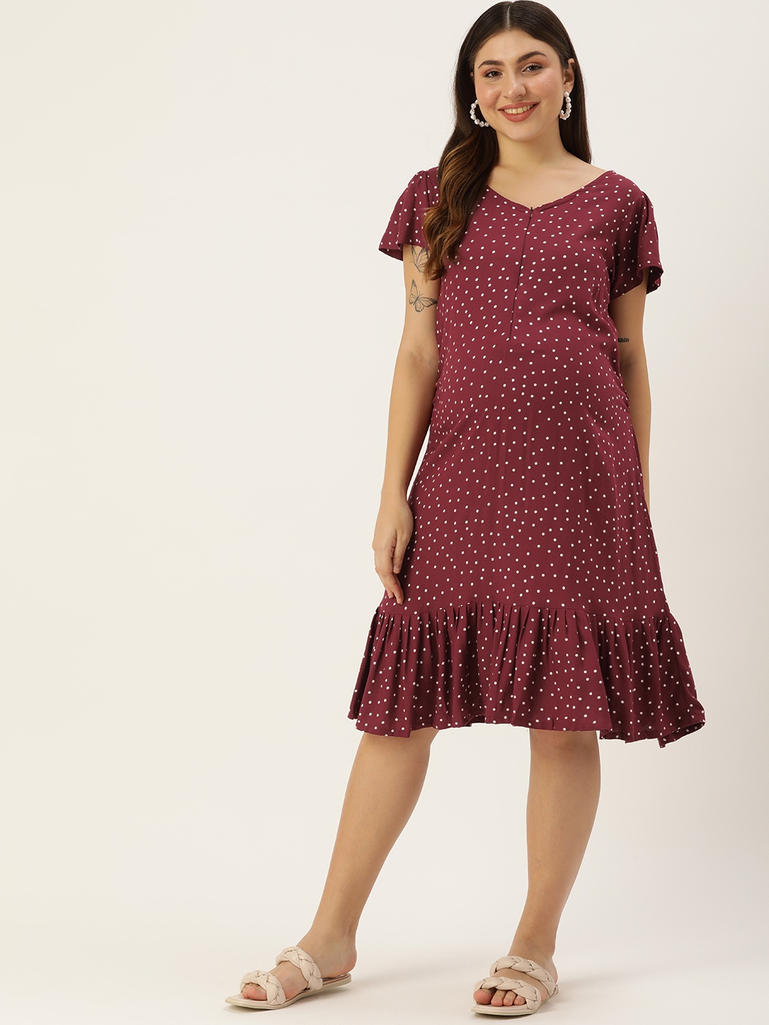

Blush 9 Maternity Polka Dot Print Flutter Sleeve Maternity A-Line Dress, Maroon