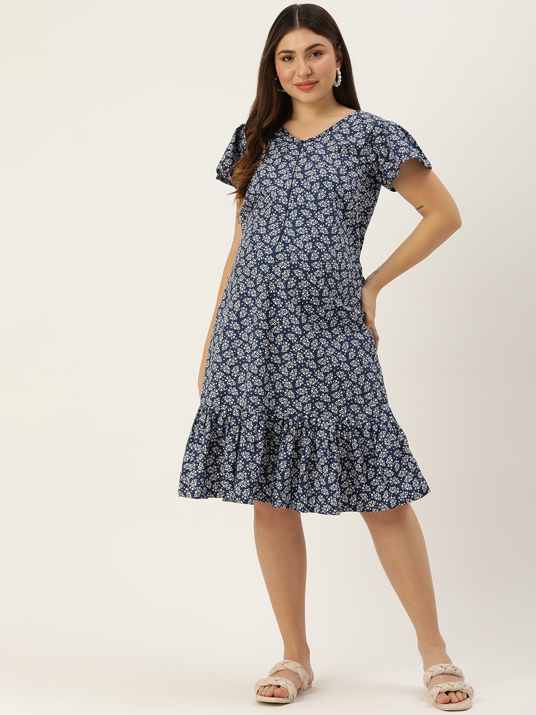 

Blush 9 Maternity Floral Print Flutter Sleeve Maternity A-Line Dress, Navy blue