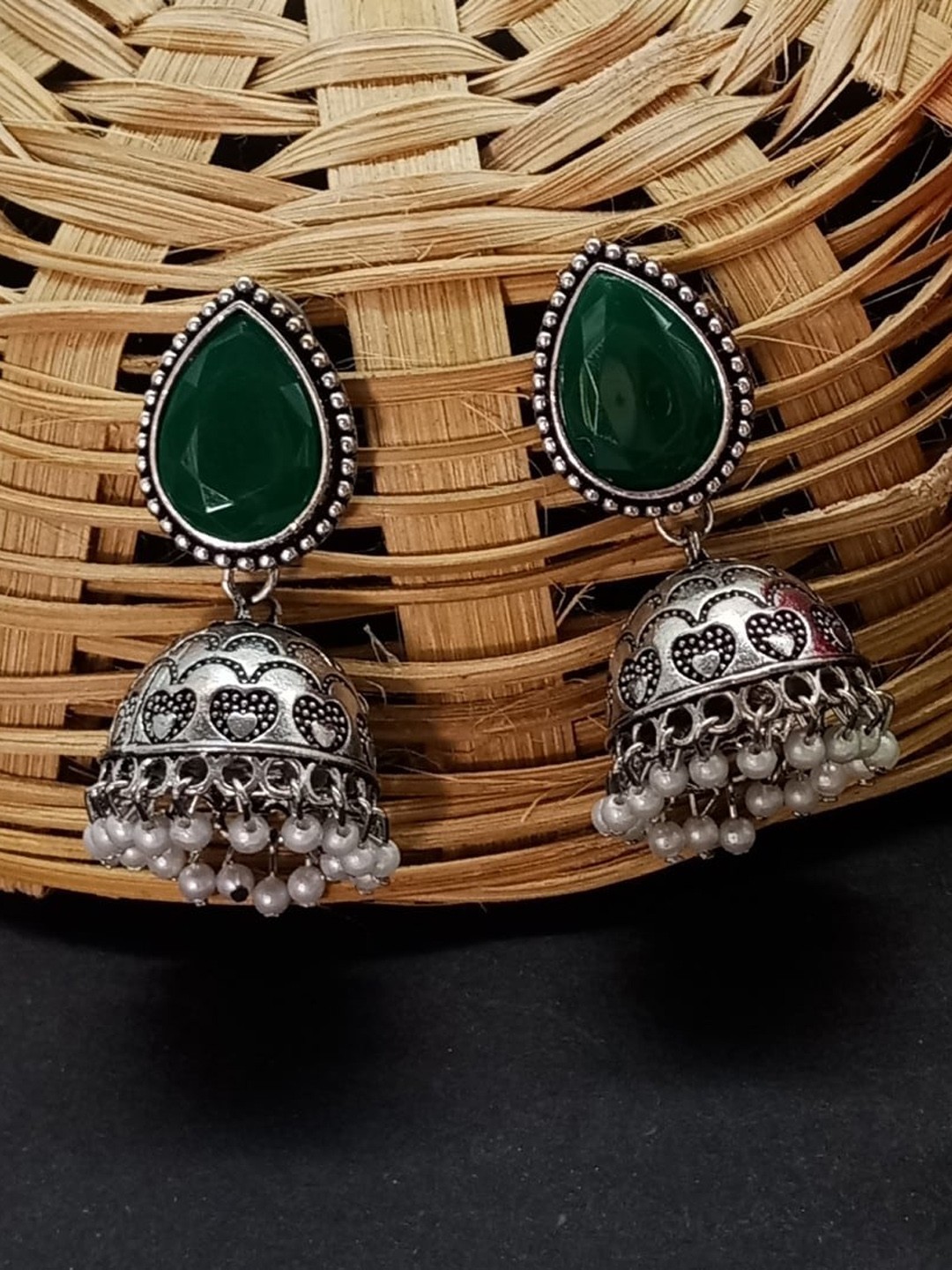 

AASHISH IMITATION Rhodium-Plated Dome Shaped Oxidised Jhumkas, Green