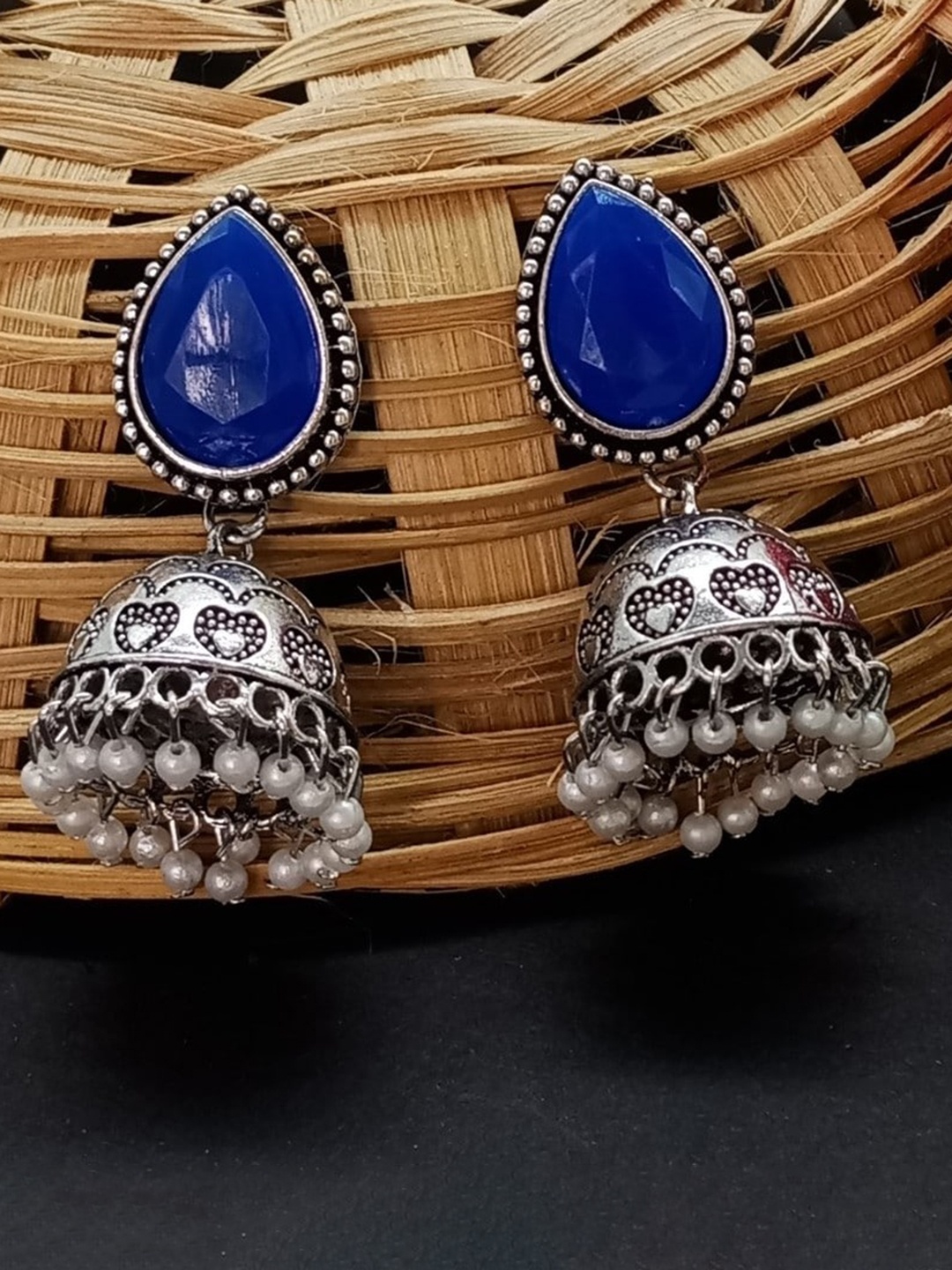 

AASHISH IMITATION Rhodium-Plated Dome Shaped Oxidised Jhumkas, Blue