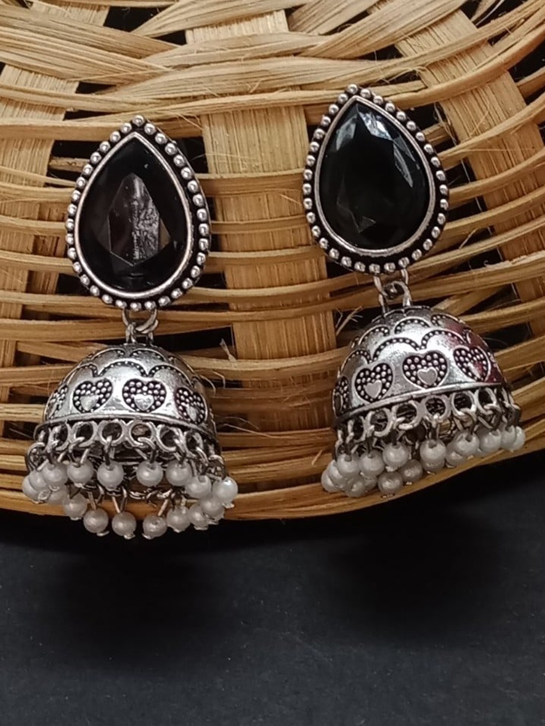 

AASHISH IMITATION Rhodium-Plated Dome Shaped Oxidised Jhumkas, Black