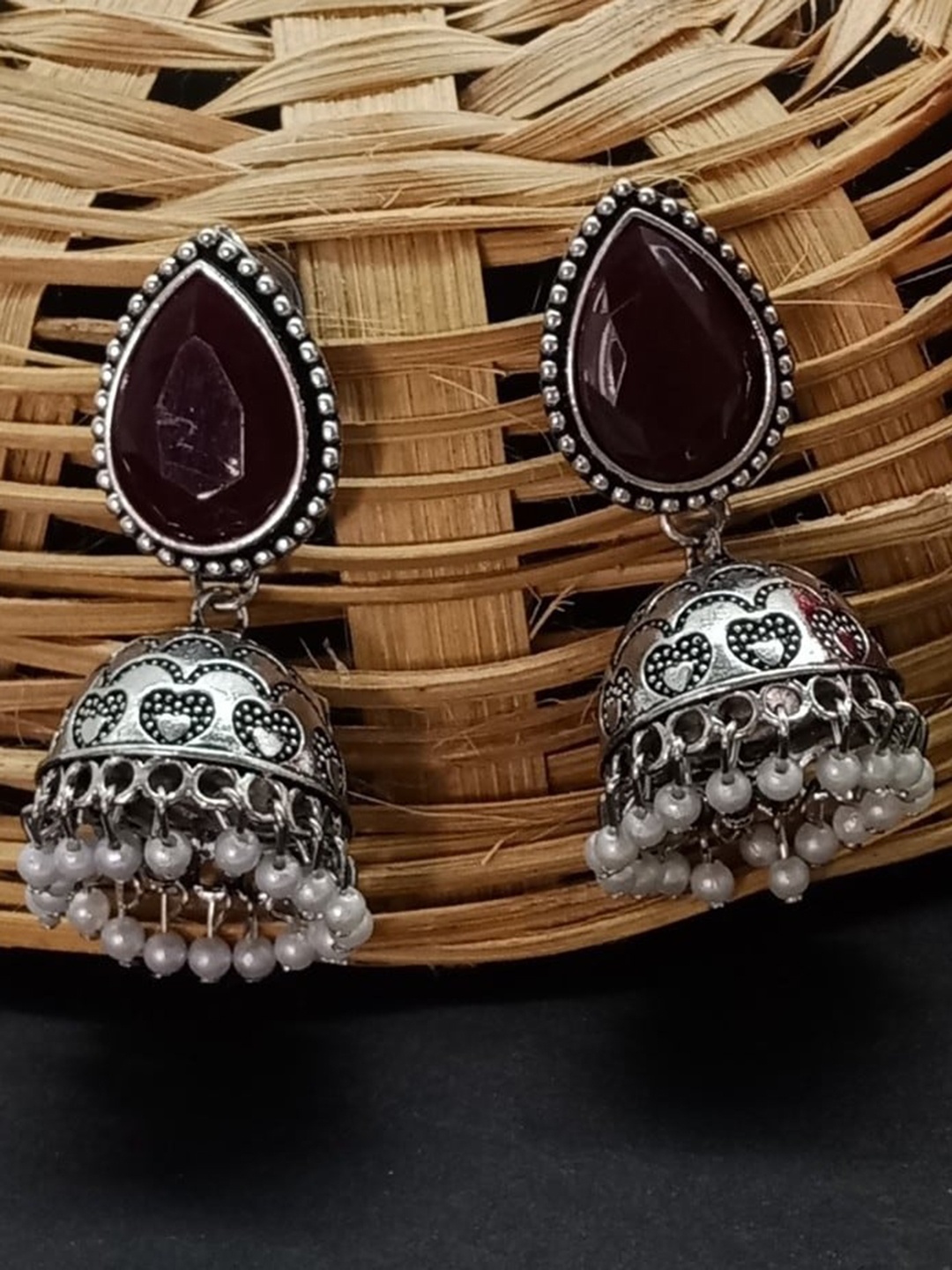 

AASHISH IMITATION Rhodium-Plated Dome Shaped Oxidised Jhumkas, Maroon