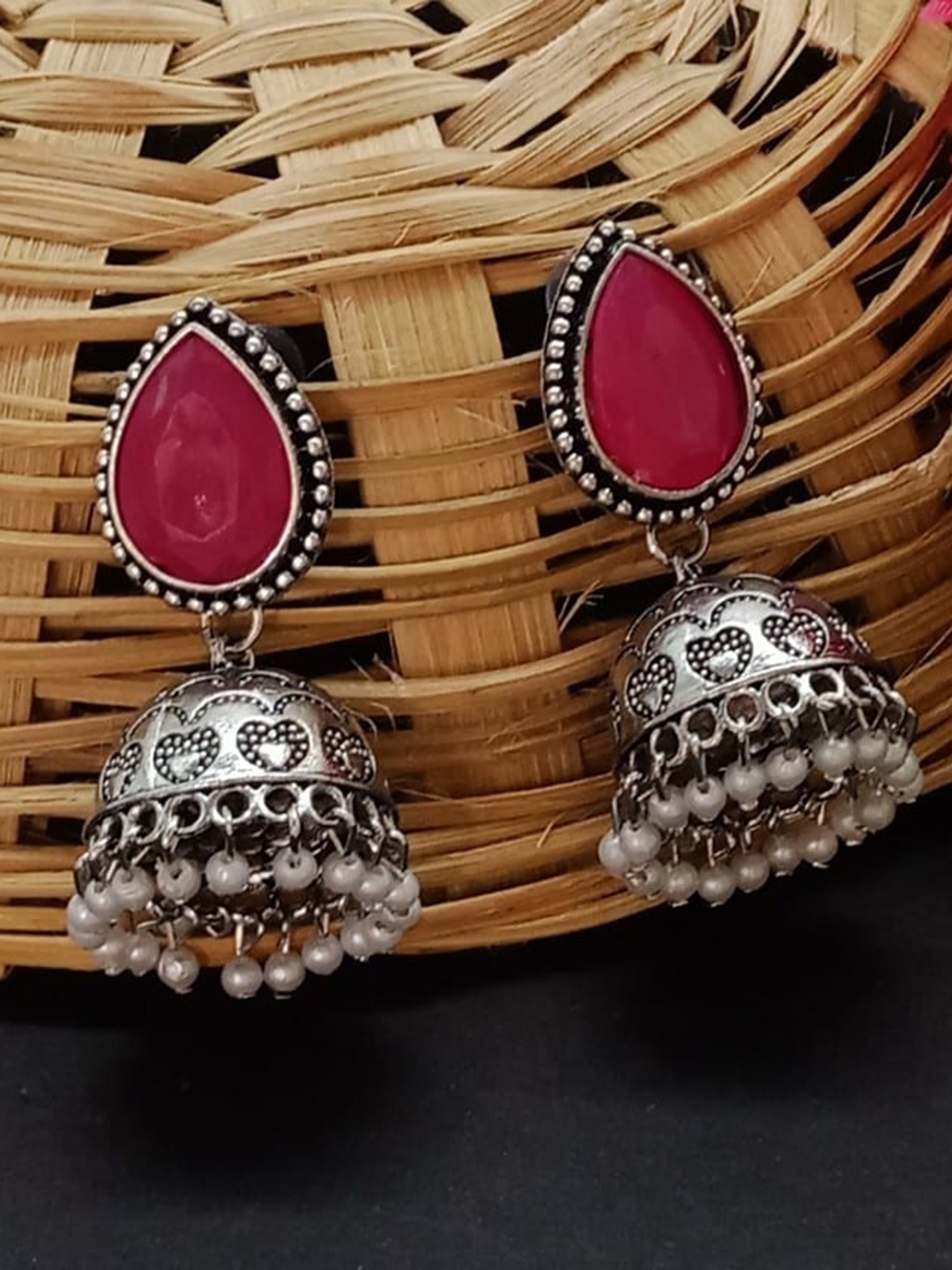 

AASHISH IMITATION Rhodium-Plated Dome Shaped Oxidised Jhumkas, Red