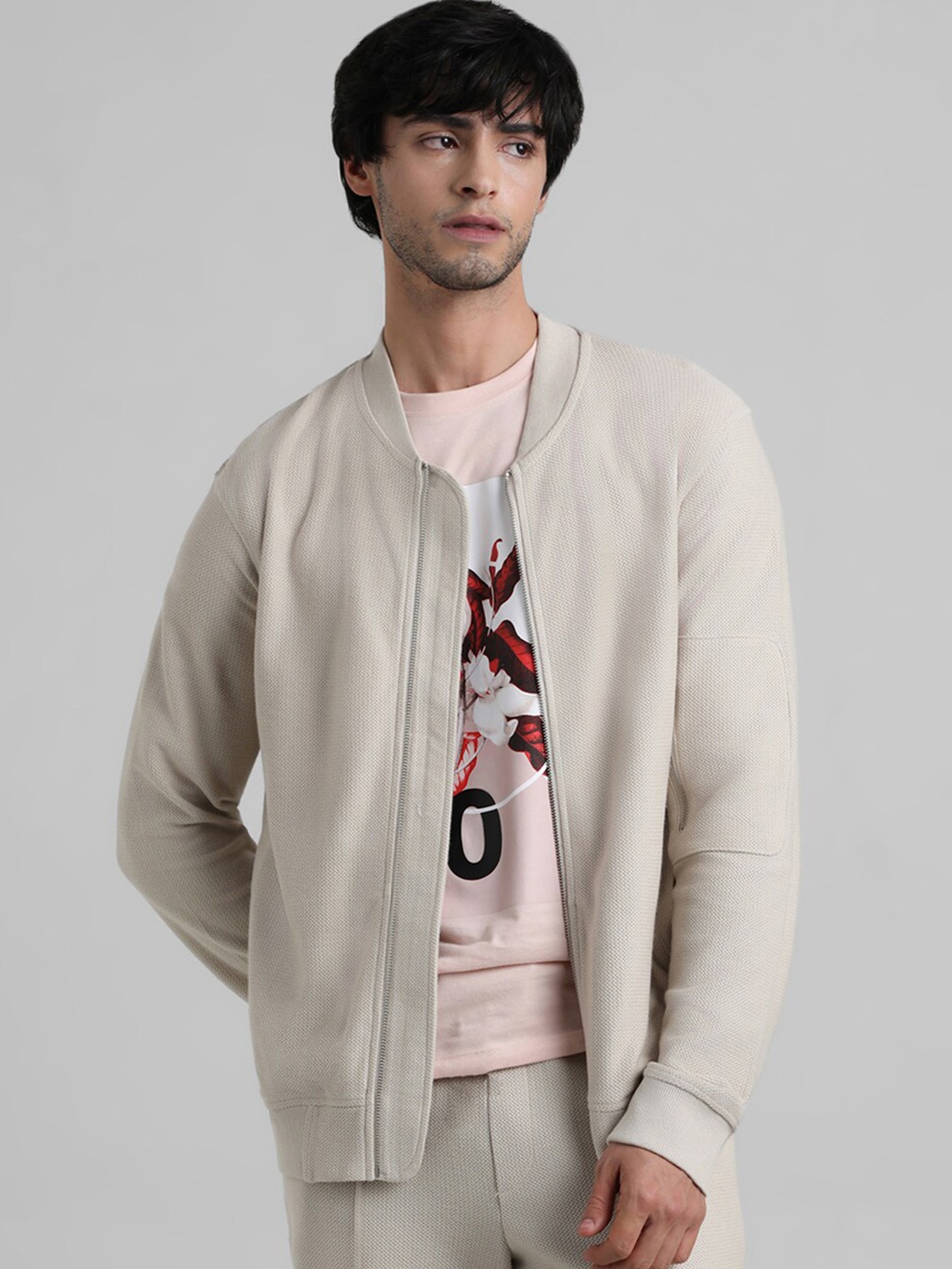 

Jack & Jones Stand Collar Pure Cotton Bomber Jacket, Beige