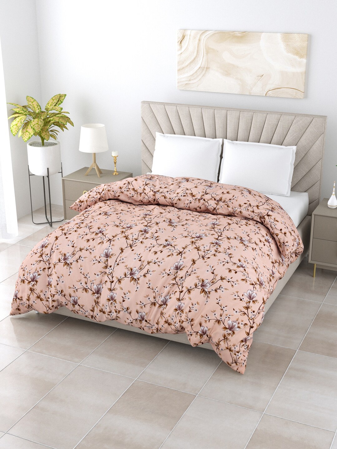 

Salona Bichona Peach-Coloured & Brown Floral AC Room 150 GSM Double Bed Comforter