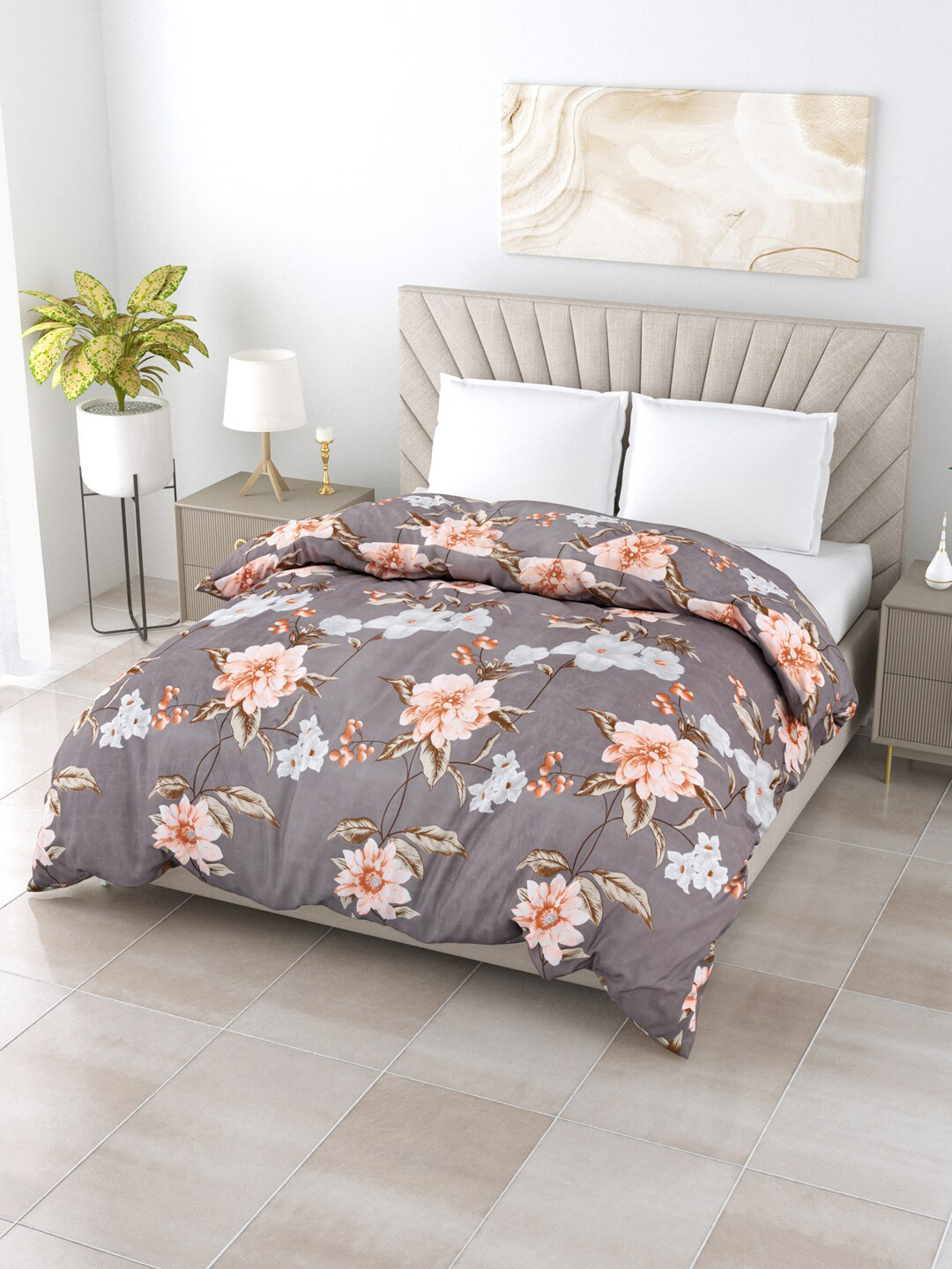 

Salona Bichona Grey & White Floral AC Room 150 GSM Double Bed Comforter