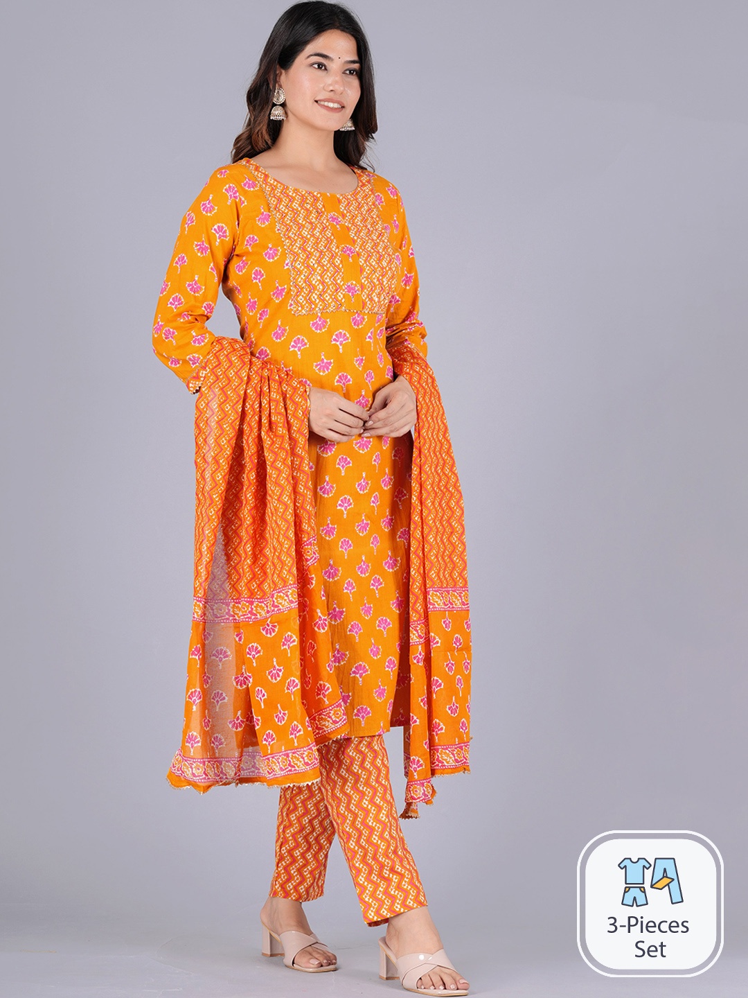 

KALINI Floral Printed Pure Cotton Kurta with Trousers & With Dupatta, Mustard