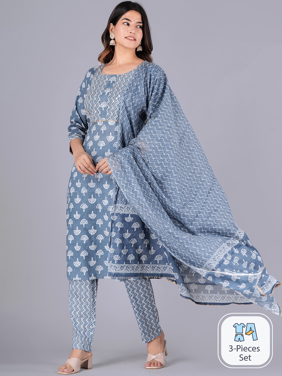 

KALINI Floral Printed Regular Pure Cotton Kurta With Trousers & Dupatta, Grey