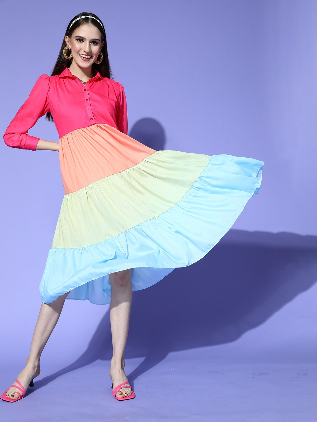 

KALINI Colourblocked Georgette Tiered Fit and Flare Midi Dress, Pink