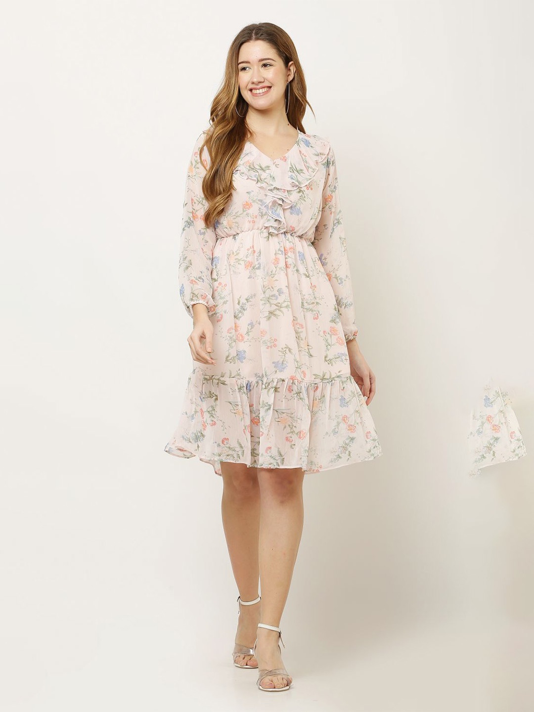 

KALINI Floral Printed Puff Sleeves Fit & Flare Dress, Off white