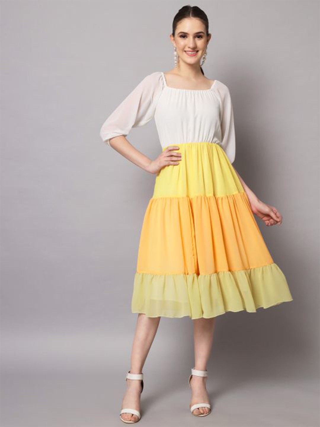 

KALINI Colourblocked Georgette Tiered Fit and Flare Midi Dress, Yellow