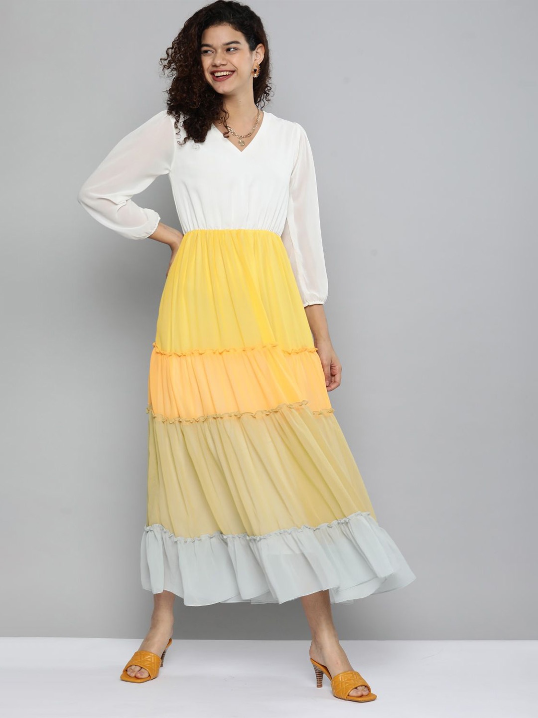 

KALINI Colourblocked Georgette Tiered Fit and Flare Midi Dress, Yellow