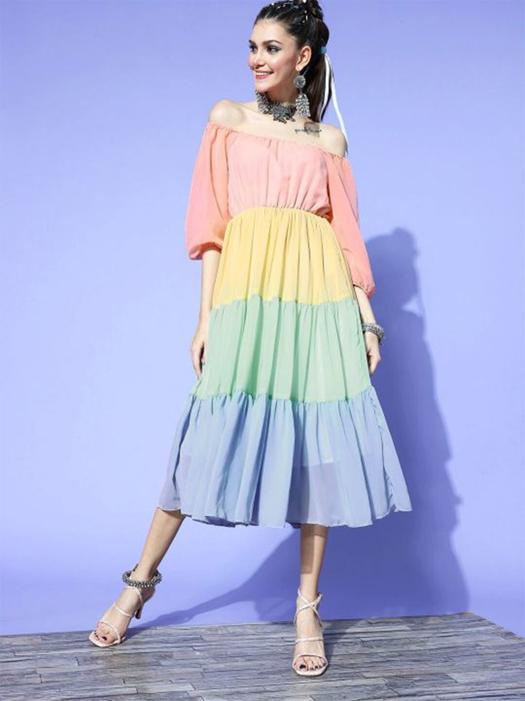 

KALINI Colourblocked Georgette Blouson Tiered Midi Dress, Peach