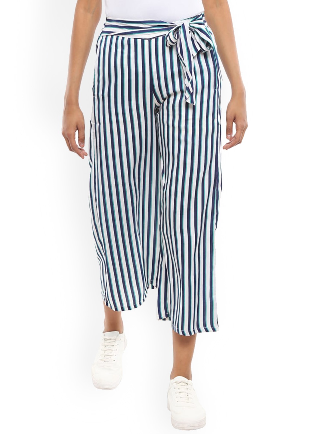 

V-Mart Women Striped Straight Fit Cropped Culottes Trousers, White