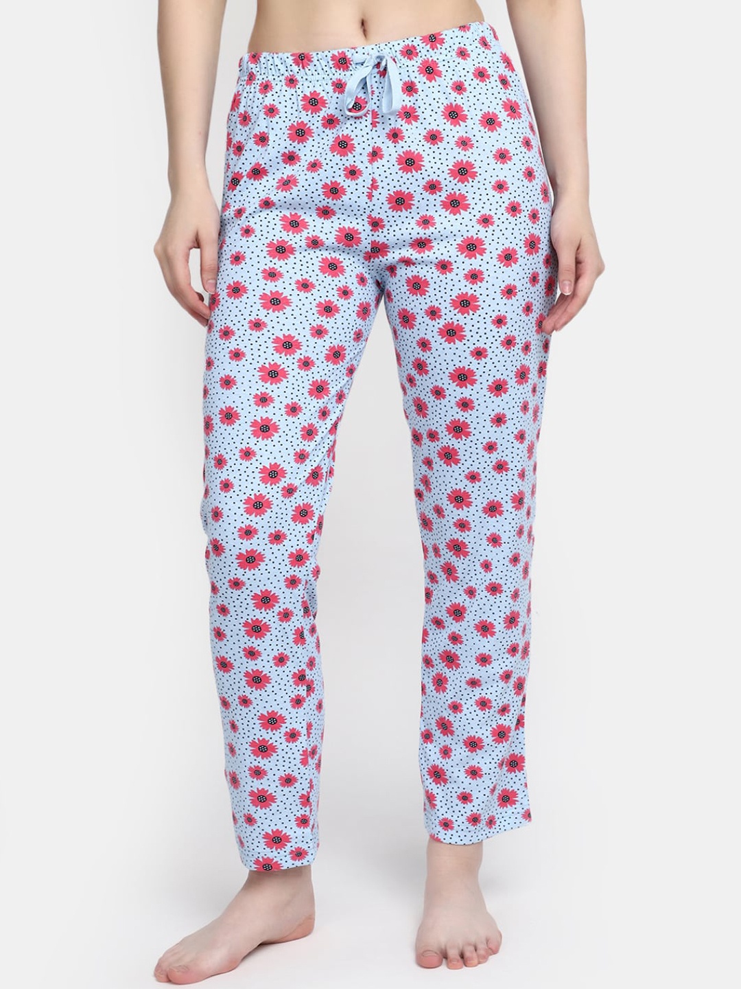 

V-Mart Women Printed Cotton Single Jersey Mid-Rise Lounge Pants, Blue