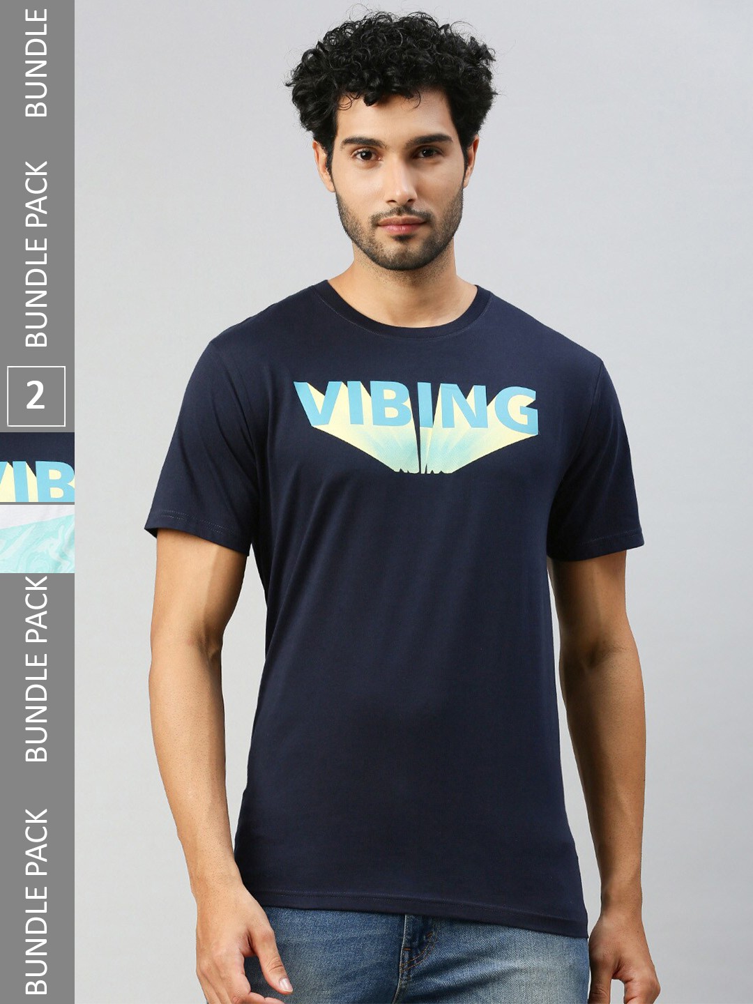 

Ramraj Pack of 2 Printed Round Neck Pure Cotton T-shirts, Navy blue