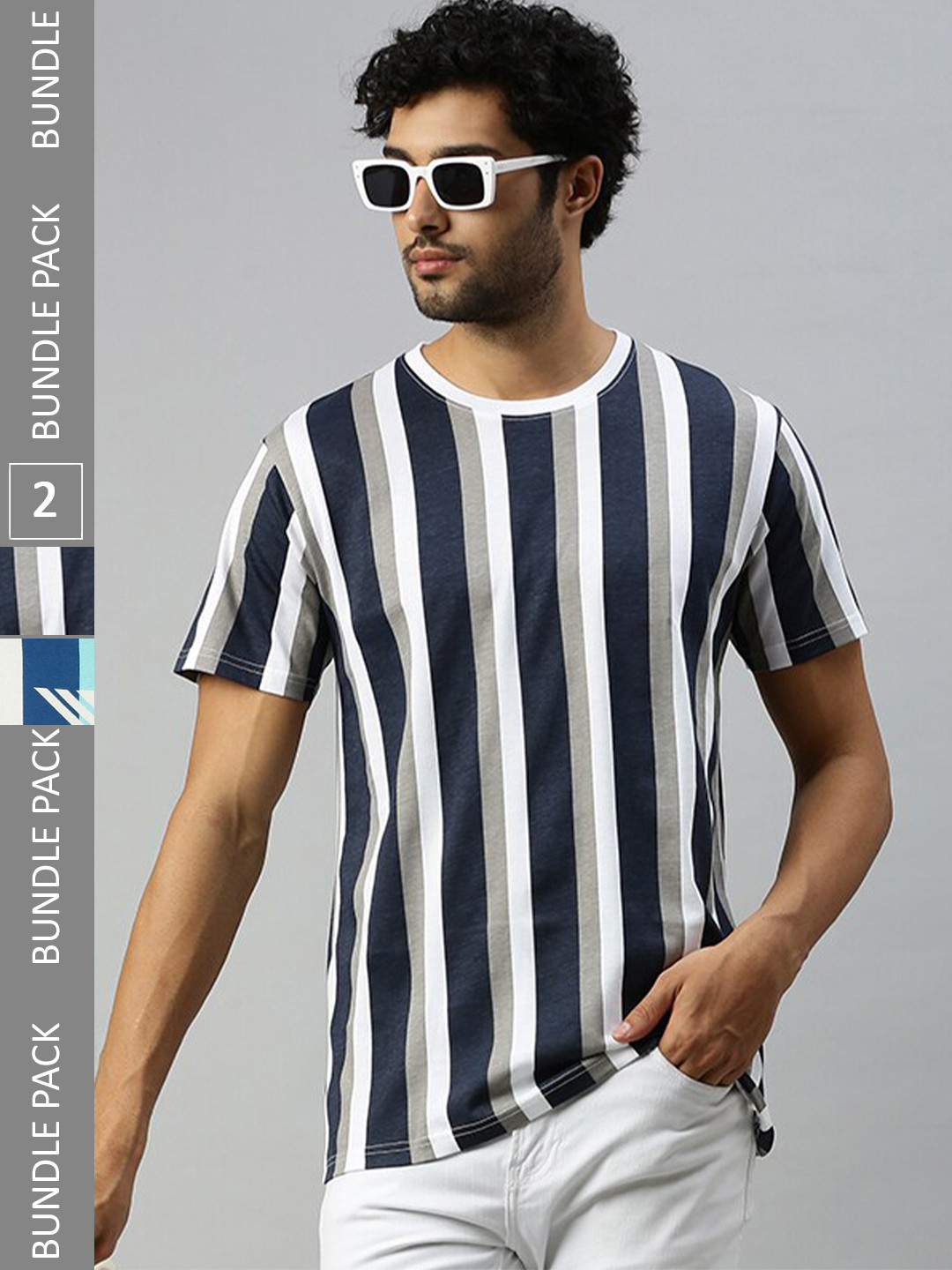 

Ramraj Pack of 2 Striped Round Neck Pure Cotton T-shirts, Navy blue