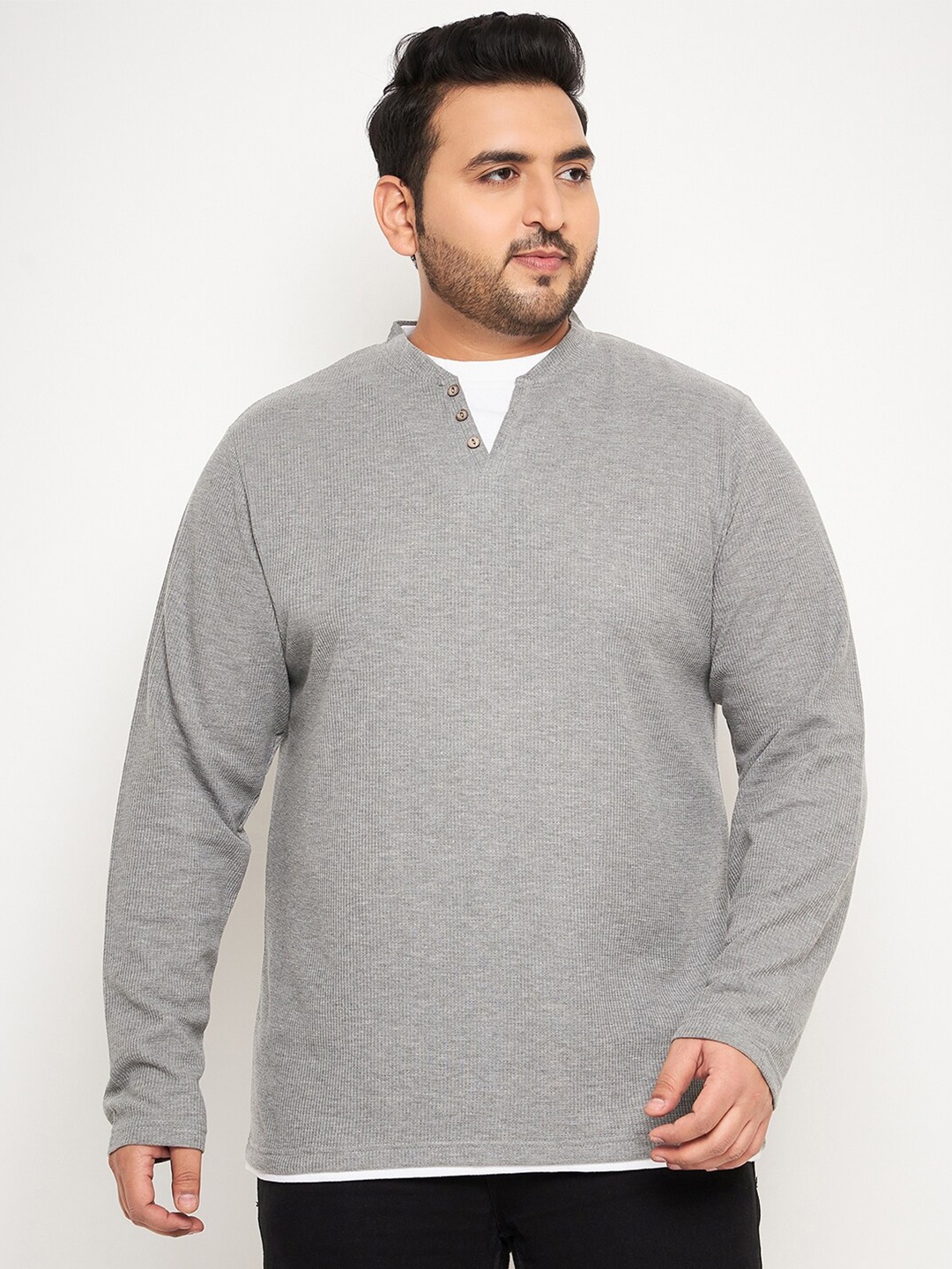 

Club York Plus Size Henley Neck Cotton T-Shirt, Grey