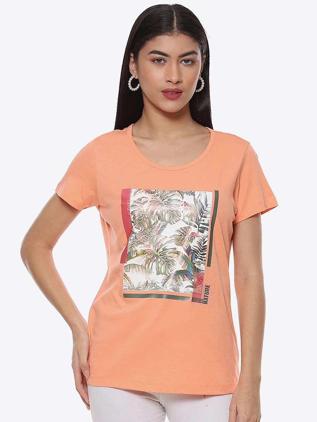 

2Bme Tropical Printed Cotton T-Shirt, Peach