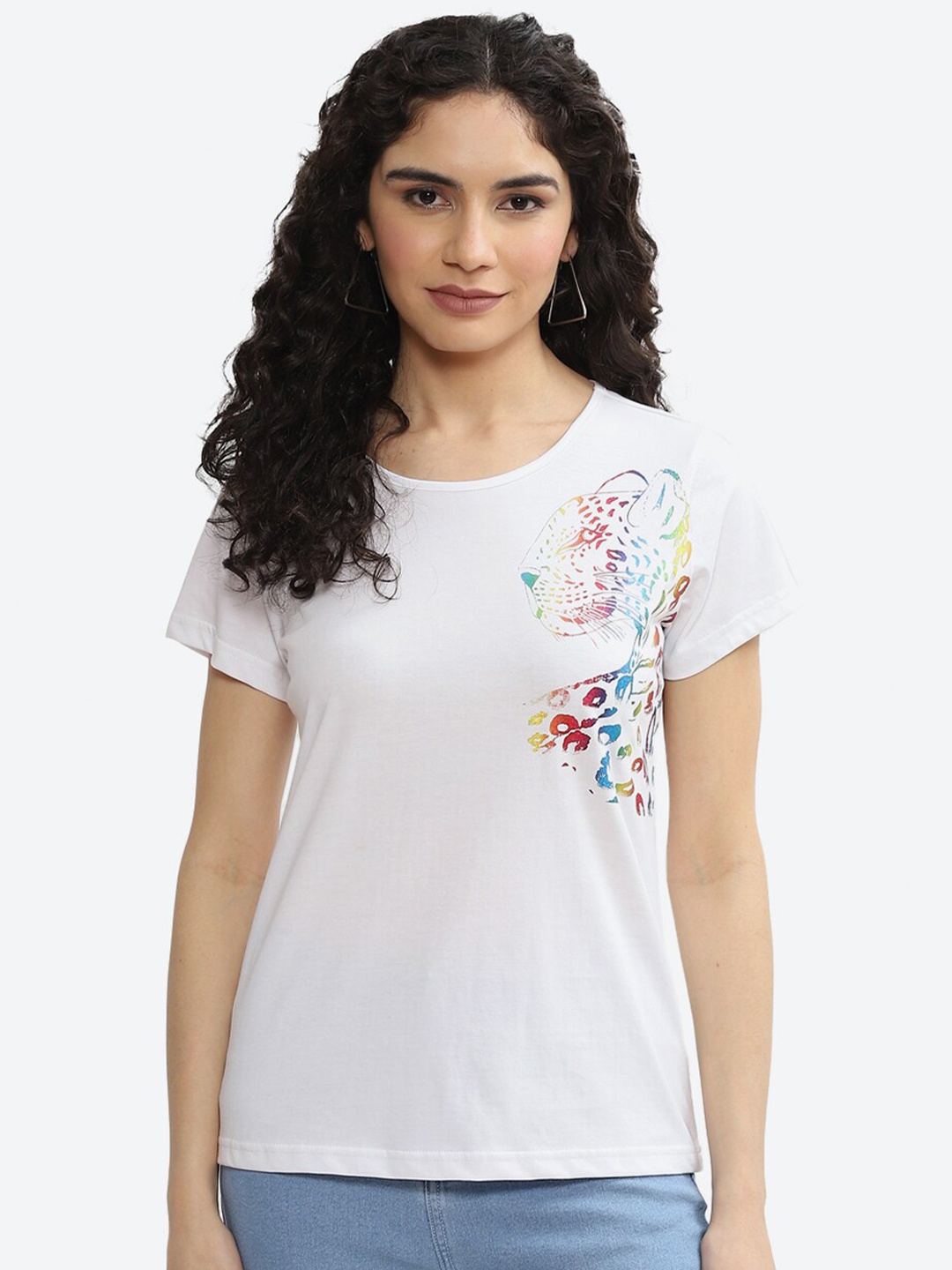 

2Bme Women Printed Cotton T-shirt, White