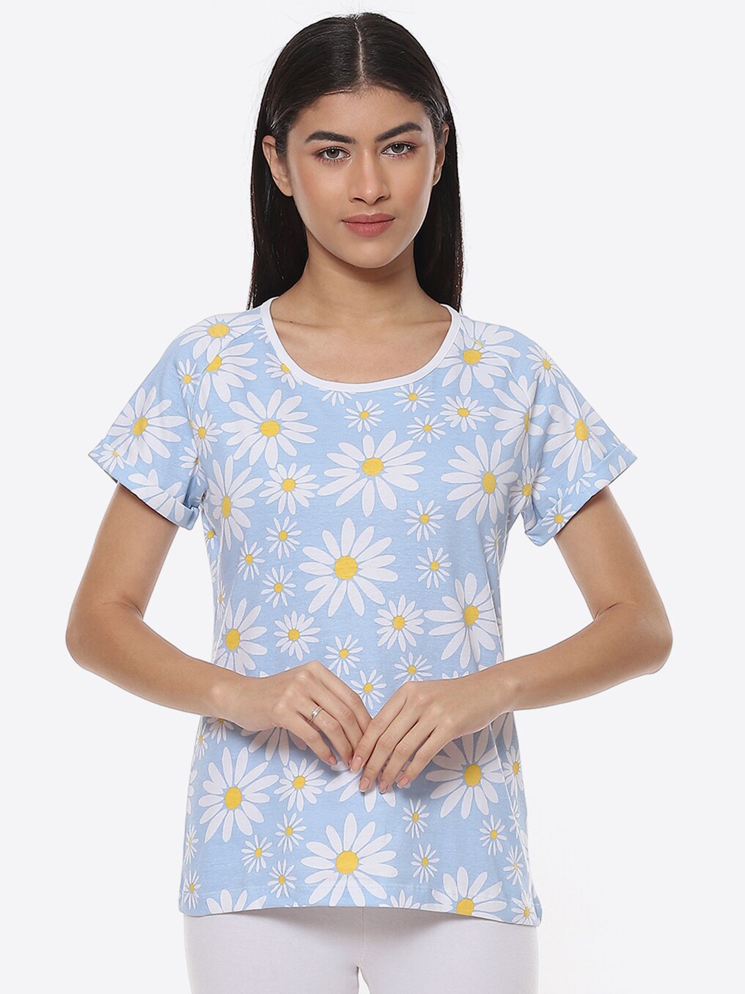 

2Bme Floral Printed Cotton T-shirt, Blue