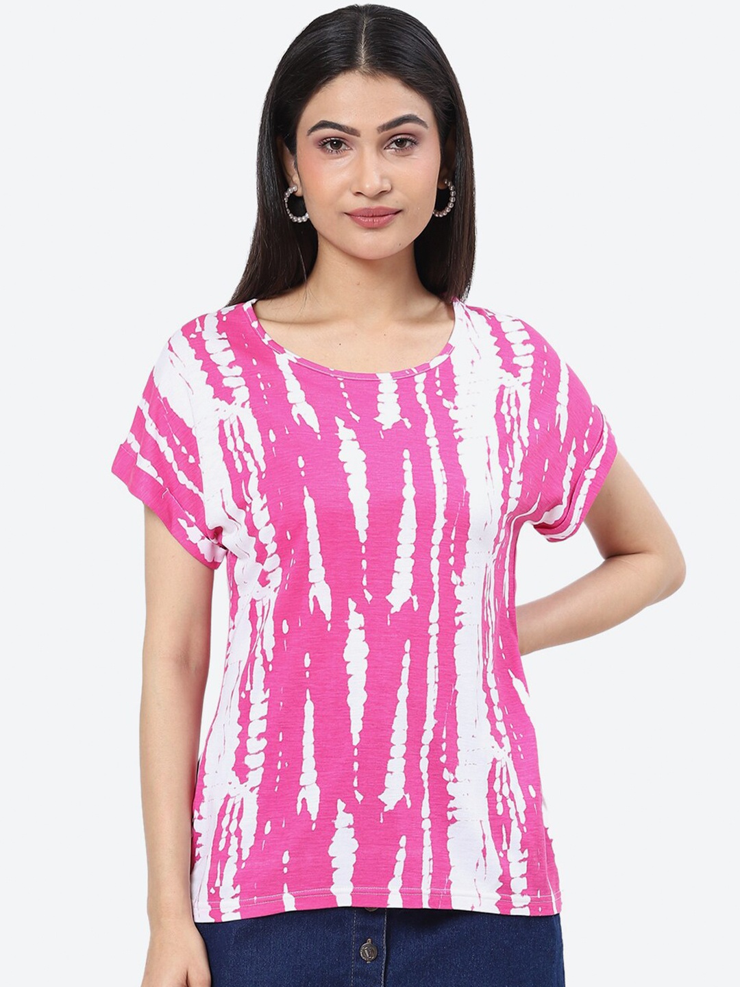 

2Bme Abstract Printed Extended Sleeves Cotton T-shirt, Pink