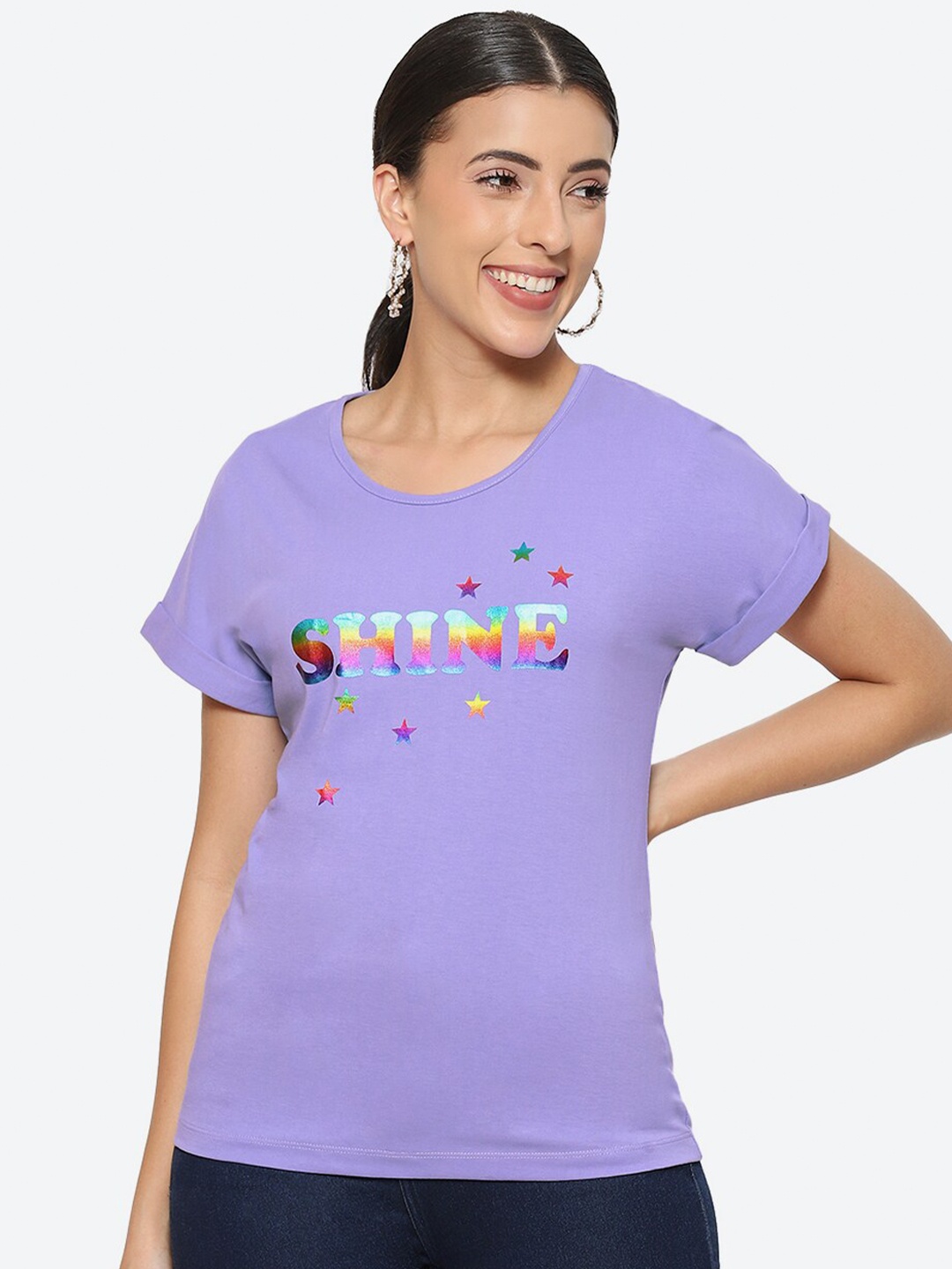

2Bme Typography Printed Round Neck Cotton T-shirt, Lavender