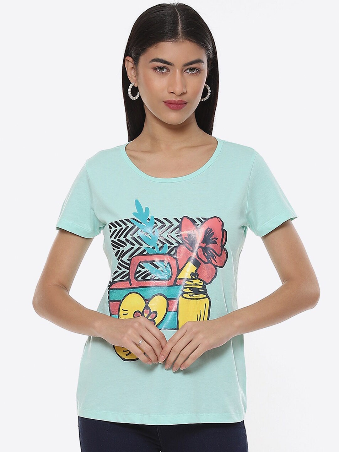 

2Bme Graphic Printed Round Neck Cotton T-shirt, Sea green