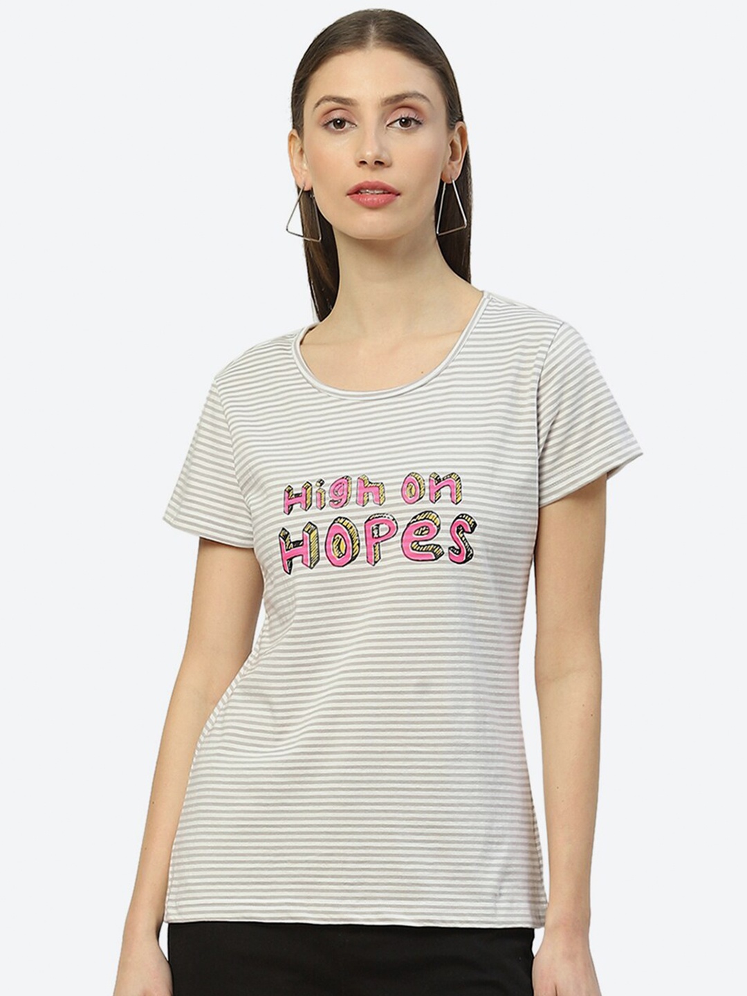 

2Bme Horizontal Striped Cotton T-Shirt, Grey