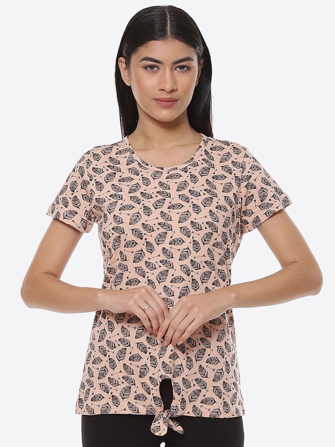 

2Bme Floral Printed Tie Up Cotton T-Shirt, Peach
