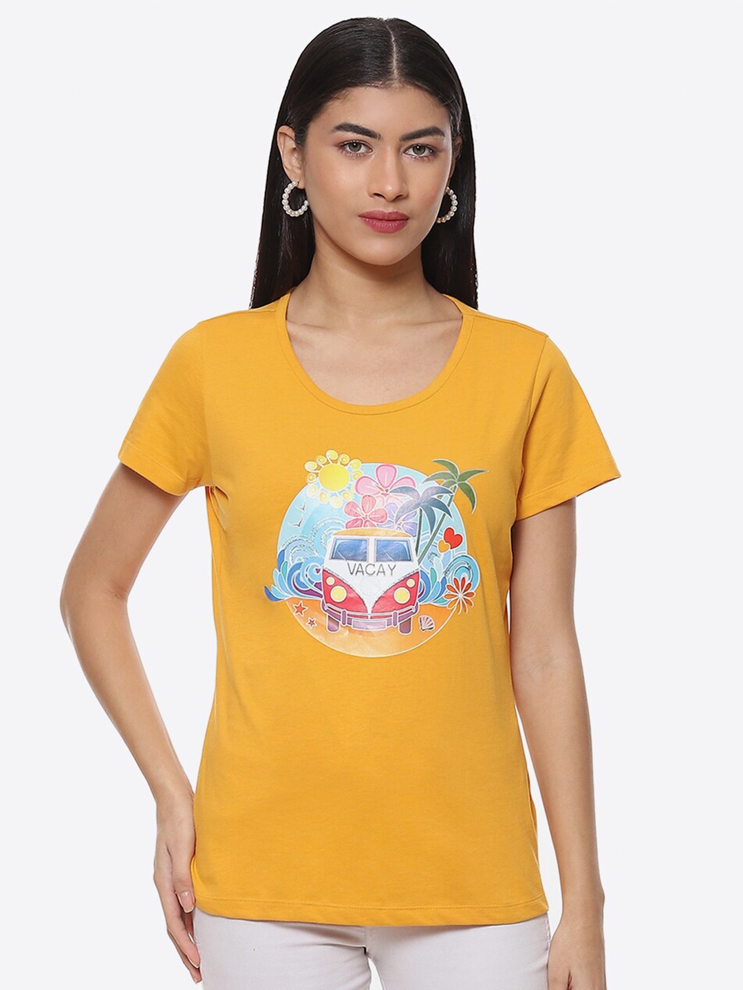 

2Bme Graphic Printed Cotton T-shirt, Yellow